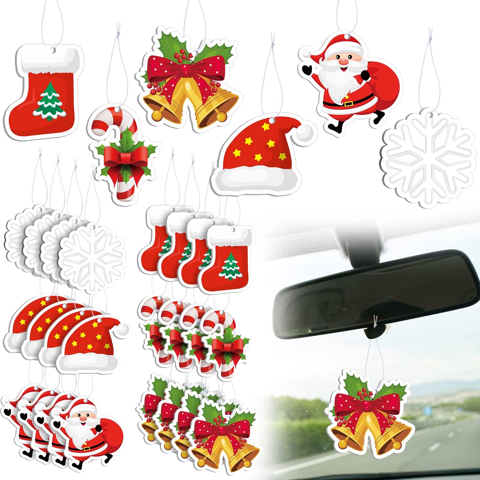 Tallew 24 Pcs Christmas Air Fresheners Bulk Snowflake Candy Cane Snowman Deer Christmas Scented Ornaments Xmas Scented Hanging Ornament for Car Rearview Mirror Accessories