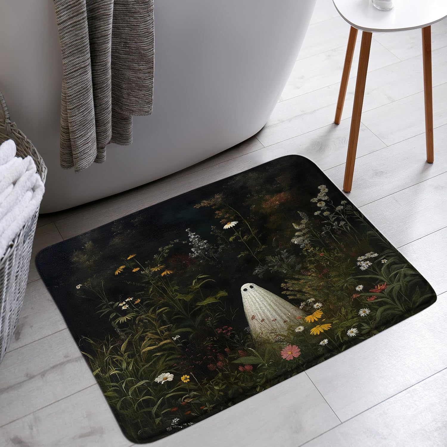 Spooky Halloween Bath Mat Funny Ghost Horror Night Gothic Wildflowers Plant Creepy Holiday Ambience Bathroom Bathtub Floor Rugs Doormat Toilet Decor,24 x 70 in