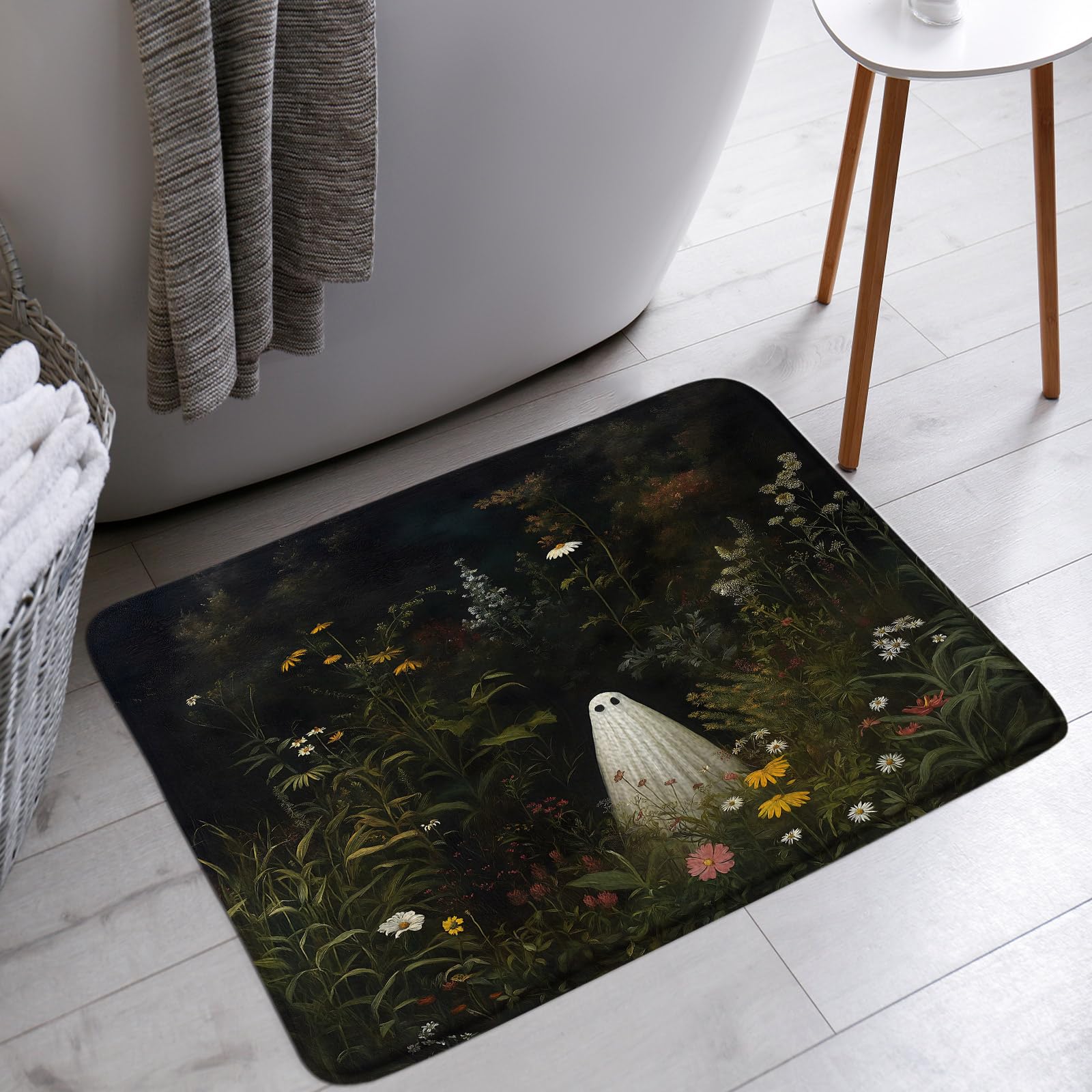 Tapis de bain Halloween fantôme et fleurs sauvages gothiques pour déco de douche
