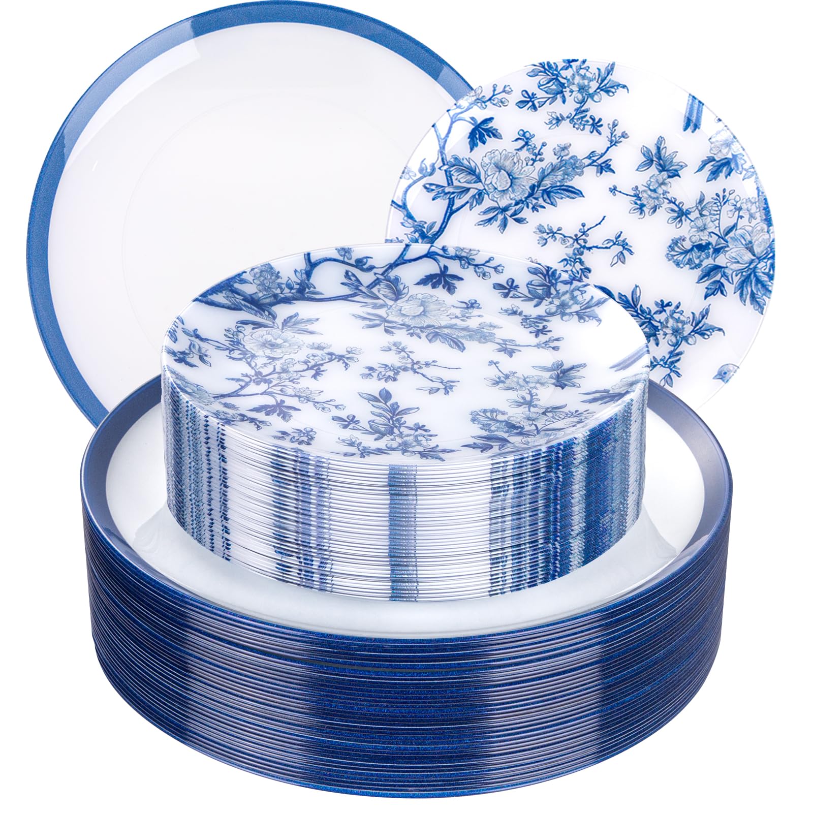 EI 60pcs Blue Plastic Plates Disposable Heavy Duty White with Blue Floral,10.25inch Dinner Plate and 7.5inch Dessert Plate,Disposable Plastic Plates for Party,Birthday,Wedding(Value,More Heavy)