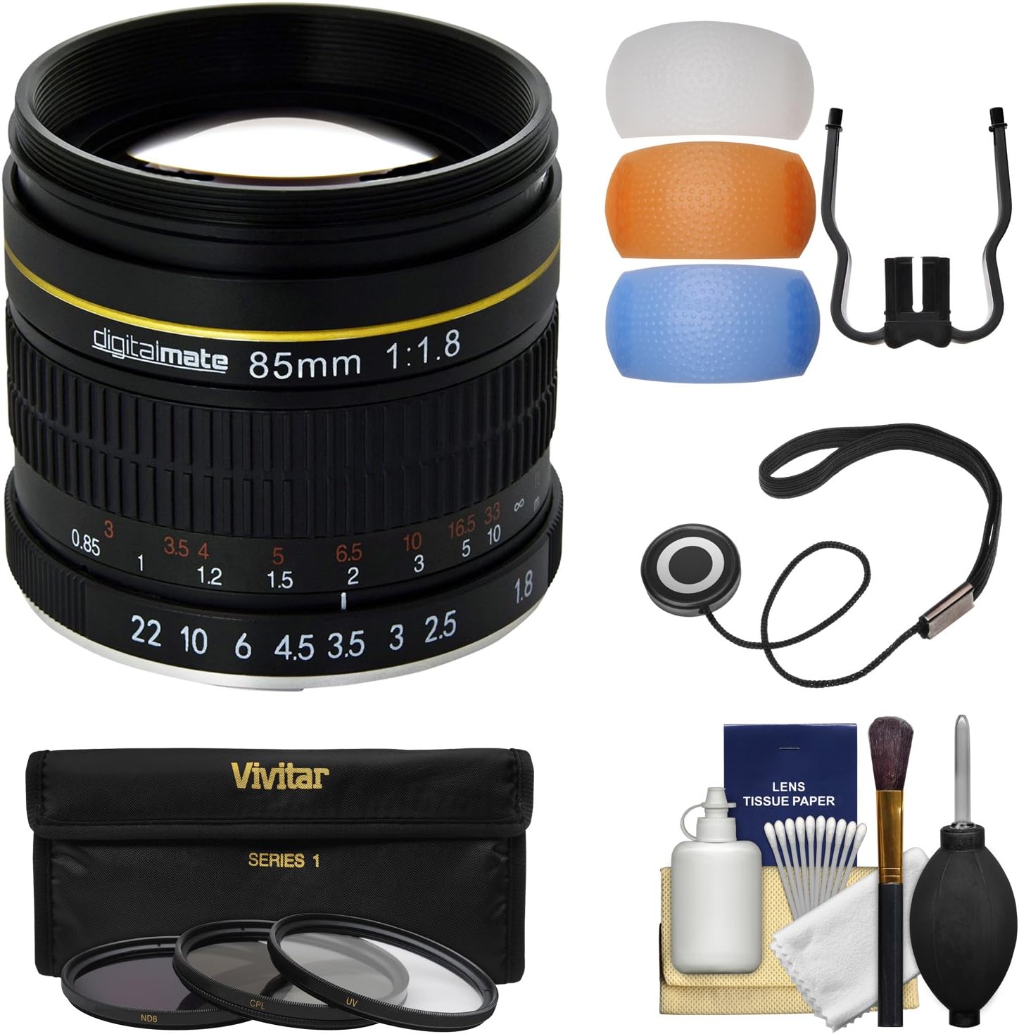 85mm f/1.8 Aspherical Telephoto Lens + 3 Filters + Diffusers Kit for Canon EOS 6D, 7D, 70D, 80D, 5DS, 5D Mark II III IV, Rebel T5, T5i, T6, T6i, T6s, SL1 Cameras
