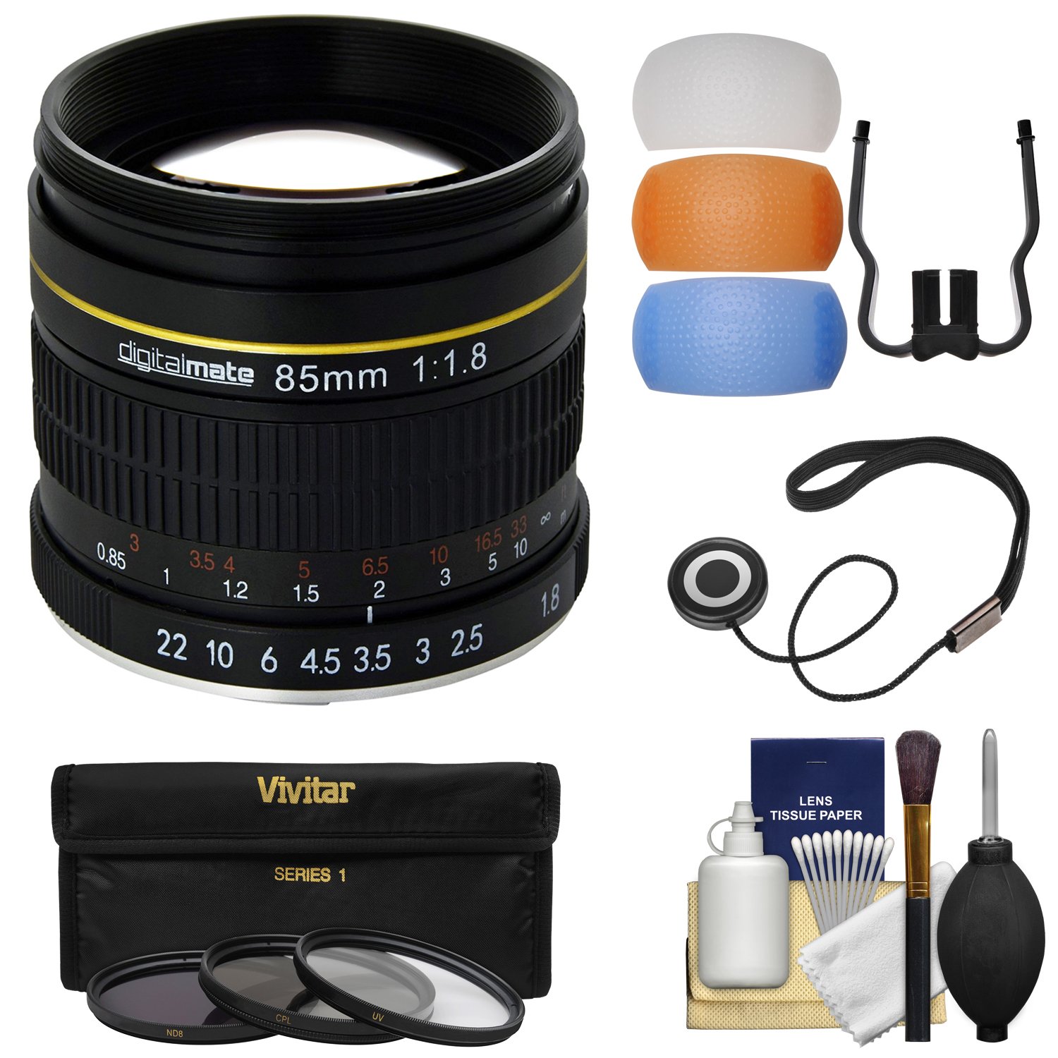 85mm f/1.8 Aspherical Telephoto Lens + 3 Filters + Diffusers Kit for Canon EOS 6D, 7D, 70D, 80D, 5DS, 5D Mark II III IV, Rebel T5, T5i, T6, T6i, T6s, SL1 Cameras