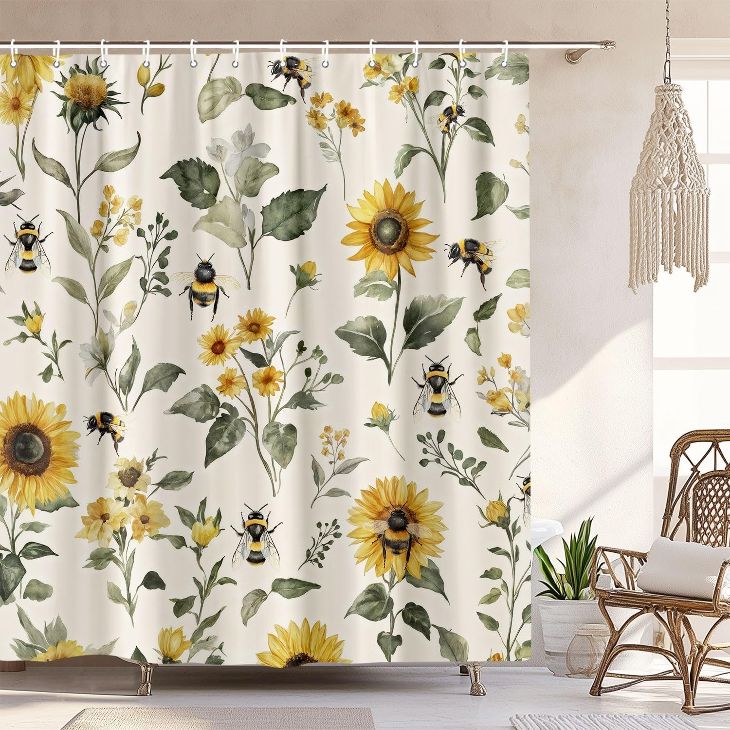 Rustic Boho Sunflowers Bee Shower Curtain, Vintage Chic Country Floral Botanical Floral Plant Farmhouse Cottagecore Aesthetic Shower Curtain Set with Hook, Beige Yellow Bath Curtain 72X78 Inch