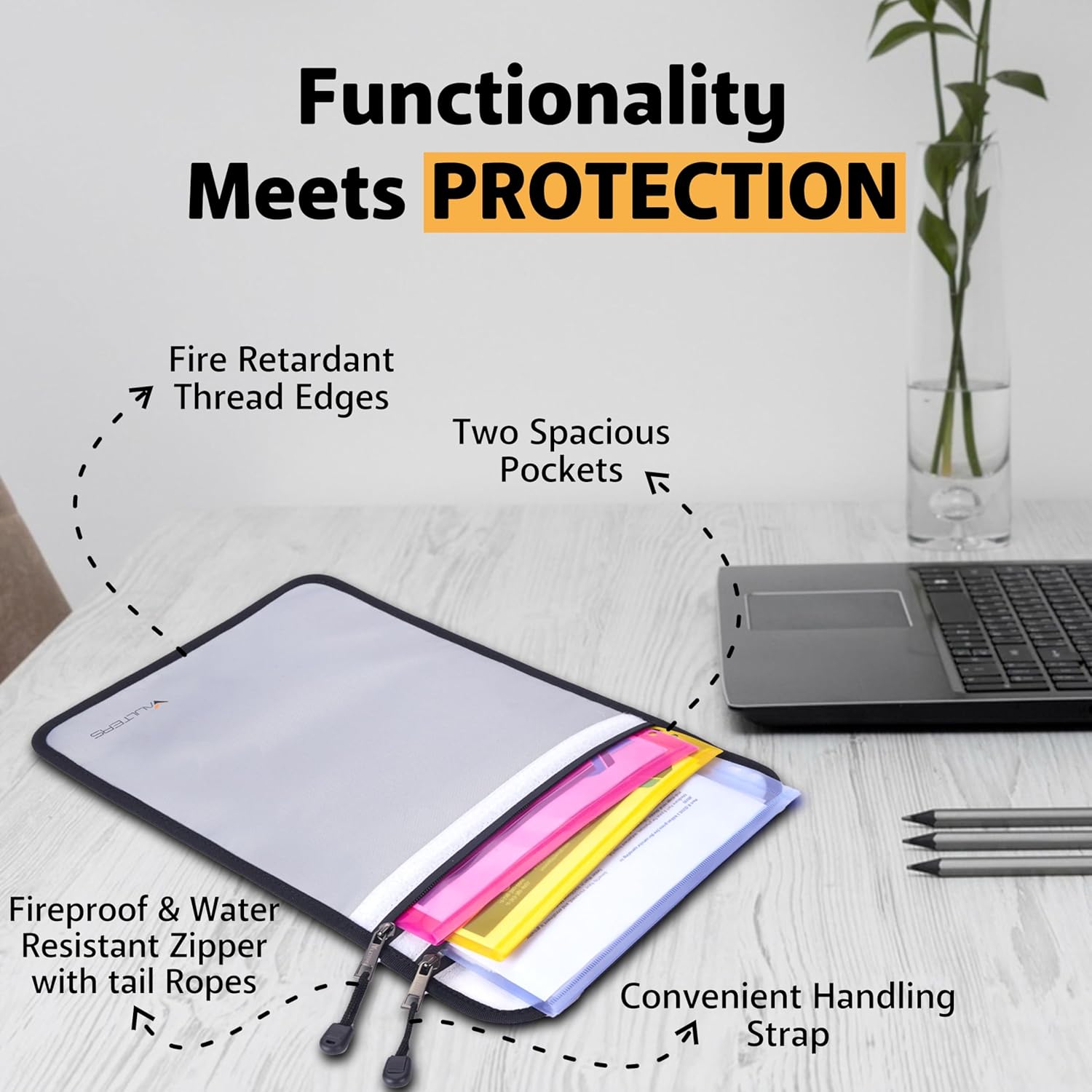 Upgraded Two Pockets Fireproof Document Bag (2000℉), 15”x 11” Waterproof Fireproof Money Bag for Cash with Zipper, Important Document Storage Organizer for Valuables, Legal Documents Safe (Grey)