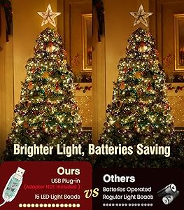 Luxspire Christmas Tree Star Topper, LED Glitter Metal 3D Christmas Decorations Lights, Remote & USB Operated Star Treetop for Home Party, 6H Timer & 8 Lighting Modes, Champagne Gold