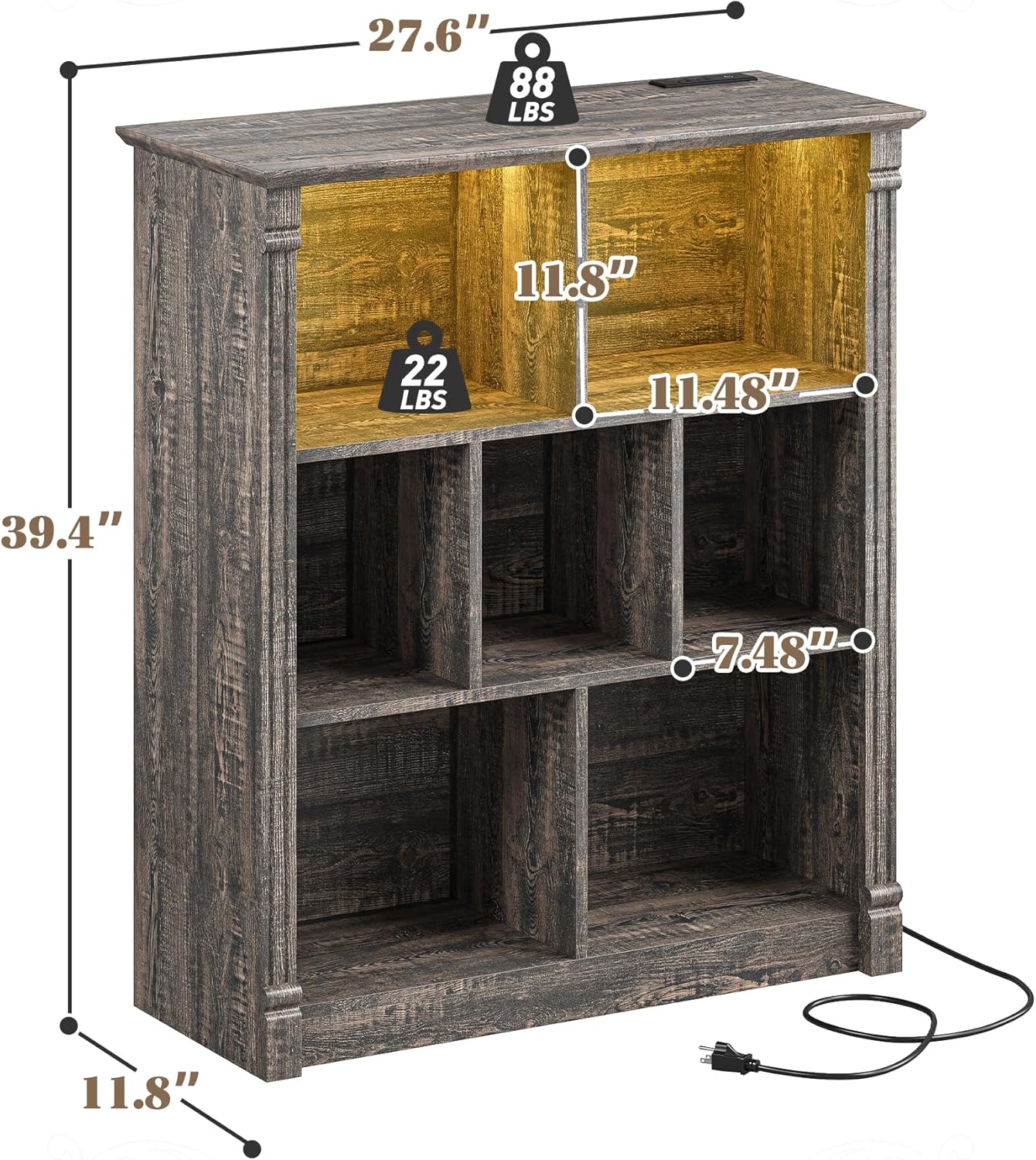 EnHomee 7 Cube Bookshelf Cubby Storage Organizer with LED Lights and Charging Station, Wood Shelf Display Cabinet for Bedroom, Living Room, Office Black Oak