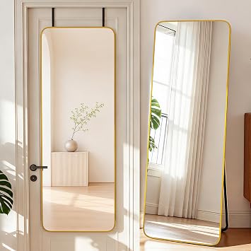 NARCISSUS 57x20 Mirror Door Hanging Full Length Body with Floor Stand or Wall Mounted Metal Aluminum Frame Tempered Glass Rectangle Mirrors for Bedroom Dressing Living Room Bathroom 57 inch Gold