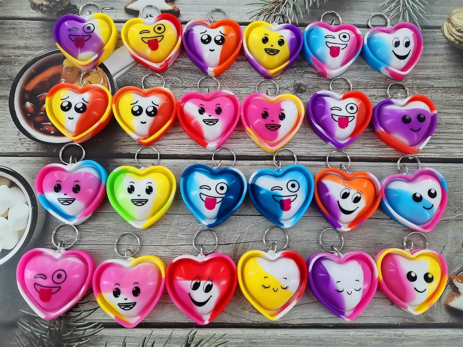 24 packs Bulk heart expression Mini Pop Fidget Backpack Key Chain，boy and Little Girl,Kids Birthday Valentine's Day Party Favors Classroom Student Gifts