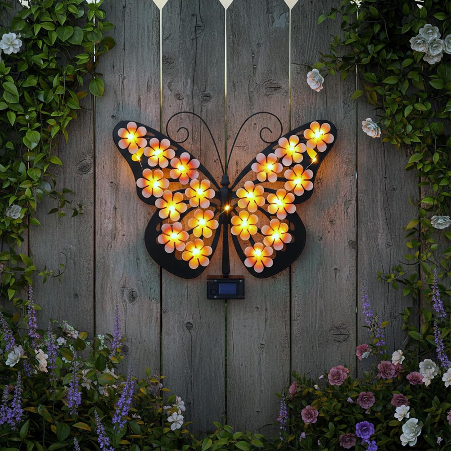 Solar Lights Outdoor Metal Butterfly Wall Decor with 30 Led - 13.5" Outdoor Fence Wall Art,Hanging Decoration for Garden Patio Porch Yard,Gifts for Women，Birthday Gifts for Mom Grandma
