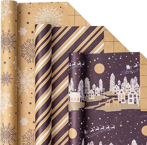LeZakaa Papel de regalo de estraza de Navidad, mini rollo, diseño de copos de nieve, rayas para envoltura de regalo, manualidades de arte, 17 x 120