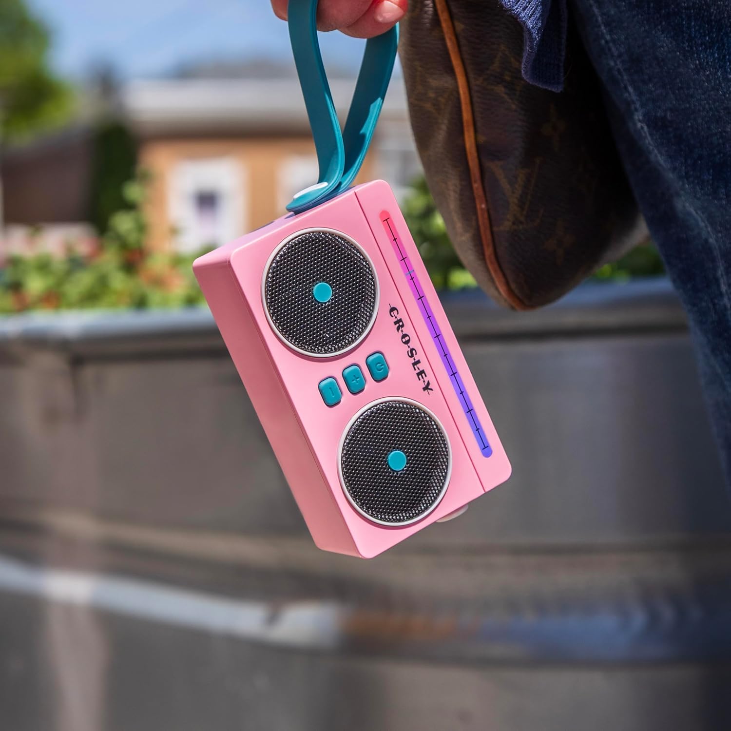 Crosley CR3050A-FG Mini Boombox Retro Portable Bluetooth Speaker with LED Lights, Flamingo