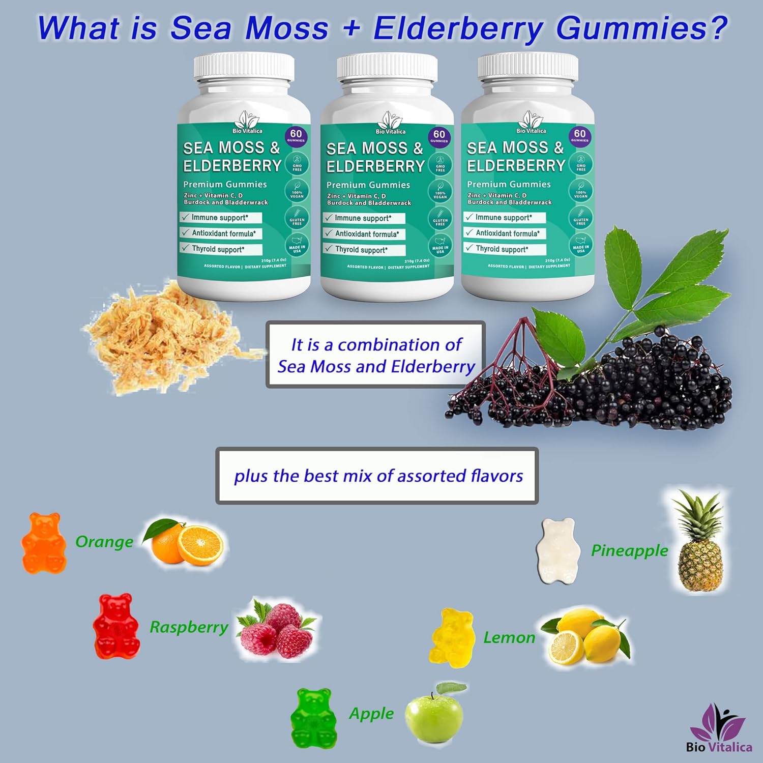 Buy 3 Pack) Sea Moss Gummies Elderberry BioVitalica Vitamin C D + Zinc Irish Seamoss Vegan