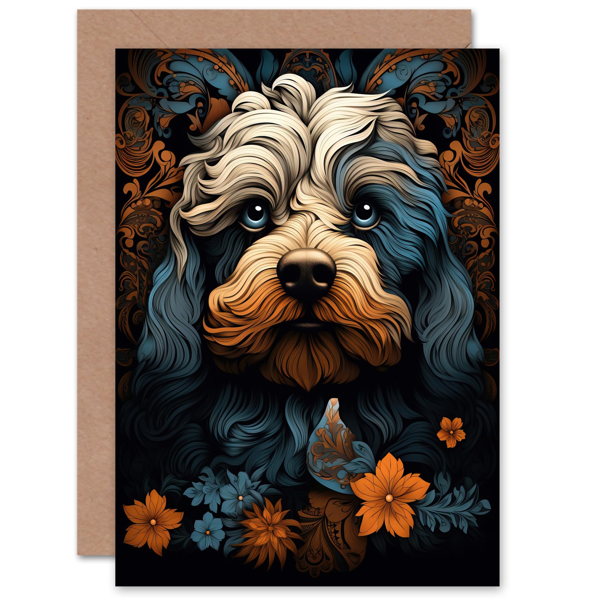 Artery8 Cockapoo Dog Flower Patterns Art Nouveau for Wife Her Mum Sister Daughter Mom Gran Nan Birthday Thank You Congratulations Blank Art Greeting Card