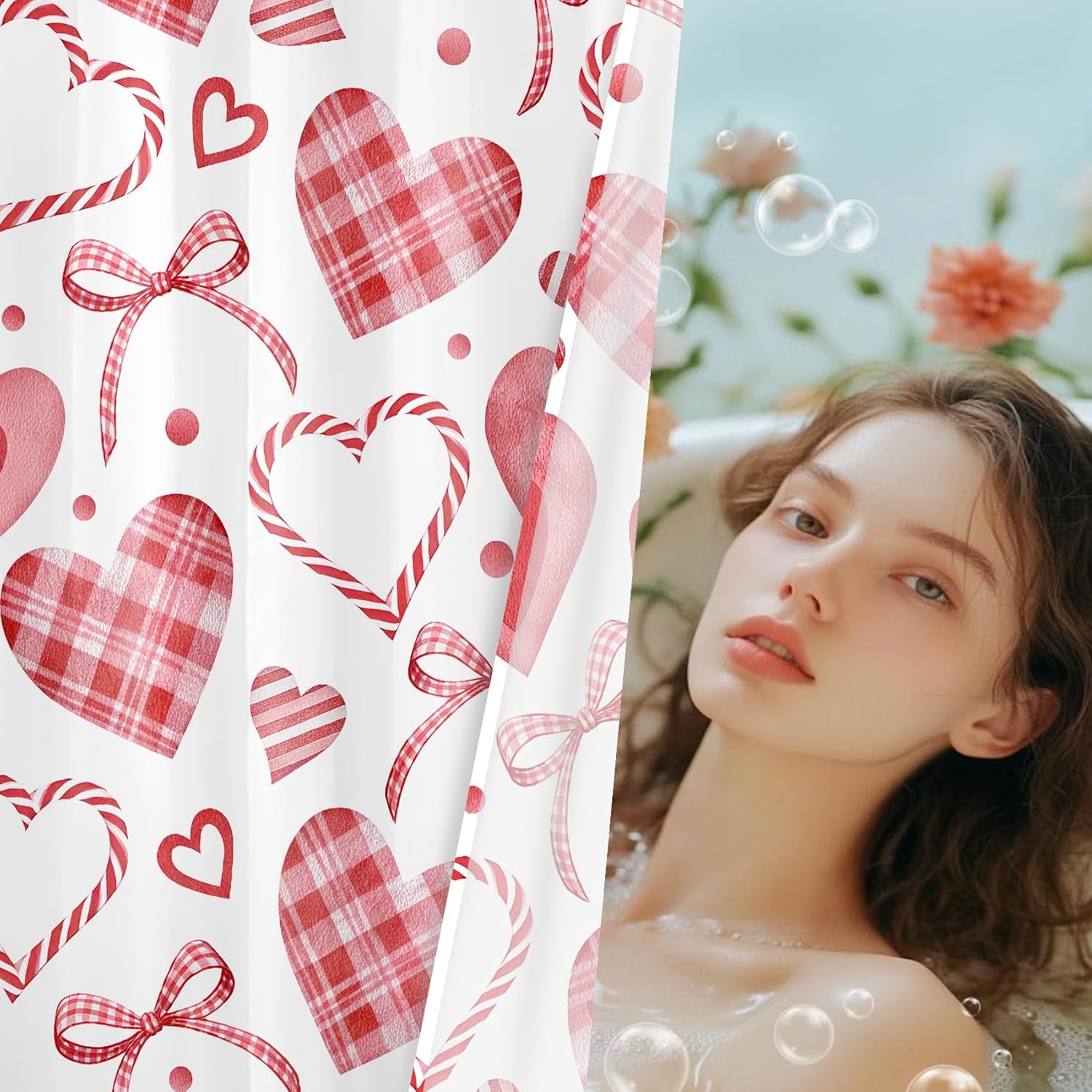 Valentines Day Shower Curtain for Bathroom, Pink and White Plaid Heart Bow Shower Curtain Set Romantic Holiday Bathroom Curtains Shower Set, 72W x 78L inches