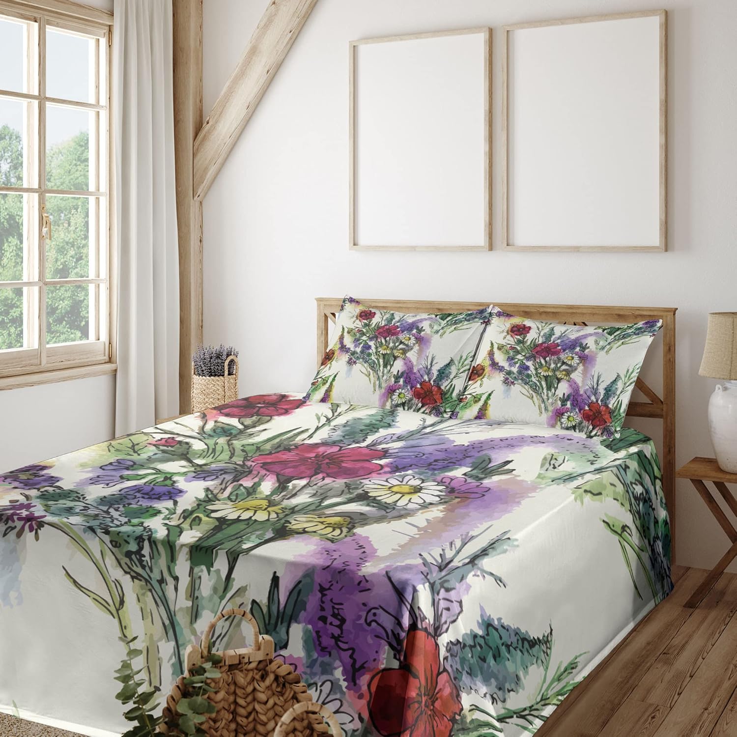 Ambesonne Vintage Sheet Set, Pattern of Watercolor Effect Colorful Spring Floral Bouquet, Fitted and Flat Sheet with Pillowcases Bedding Accent 4 Piece Set, Full, Green Lilac