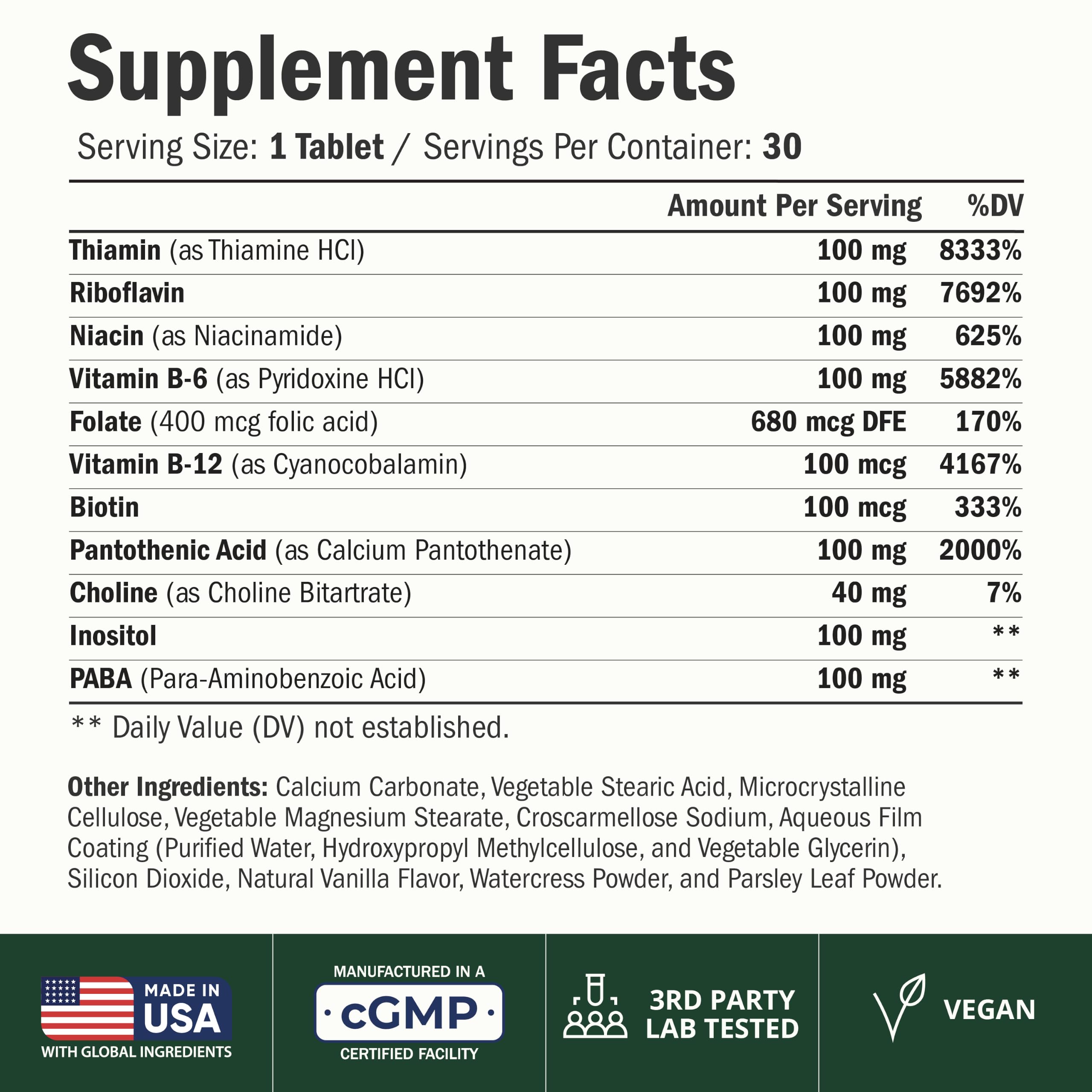 Vitamin B Complex w/ B12, Niacin & Folic Acid 400mcg for Mood - 30 Tablets — Amazon image 2