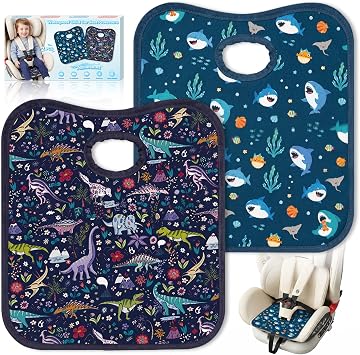2 Pack Potty Training Car Seat Protector Waterproof Liner for Toddlers, Waterproof & Leak-proof Liners with Non-slip Base, Machine Washable, Fits All Baby Carseat, Dinosaur & Shark