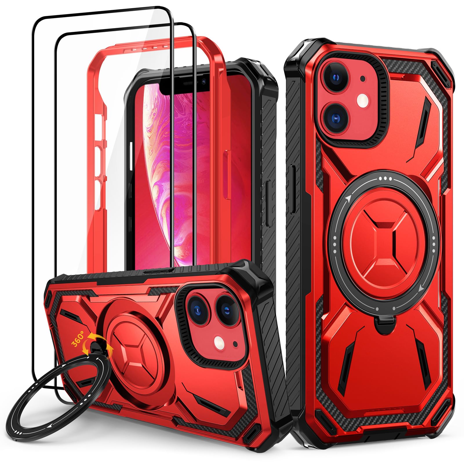 Lanhiem Cover per iPhone 11 con 2 Pezzi Vetro Temperato, 16FT Antiurto Anticaduta Militare,Supporto Magnetico Anello a 360° Protezione Armor Protezione, Custodia per iPhone 11, Rosso