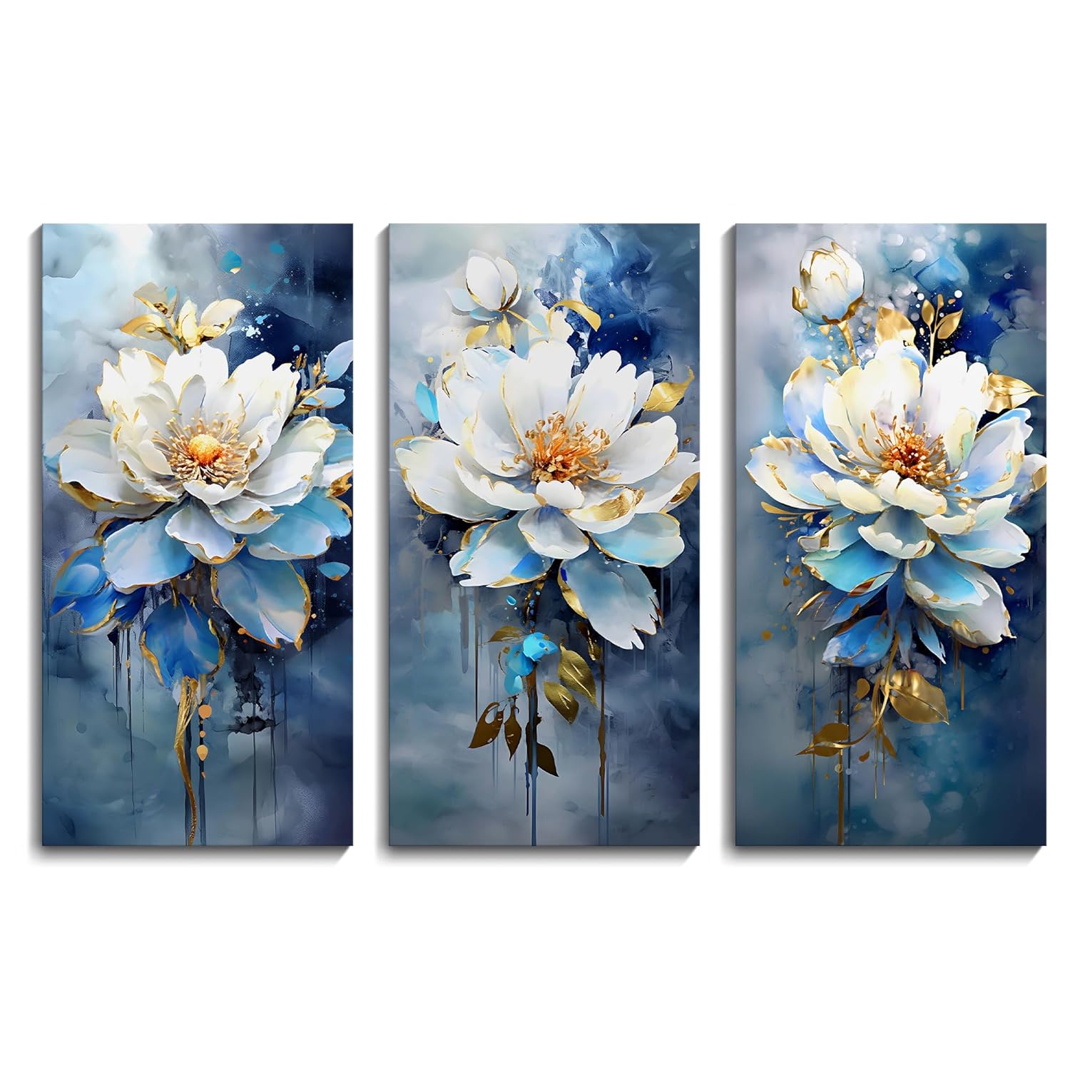 AJAZIKO Navy Blue Wall Art Modern Paintings For Wall Decorations Abstract Flower Canvas Wall Art blue Pictures Wall Decor For Living Room 3 Piece Wall Art Bedroom Artwork 20×40IN×3