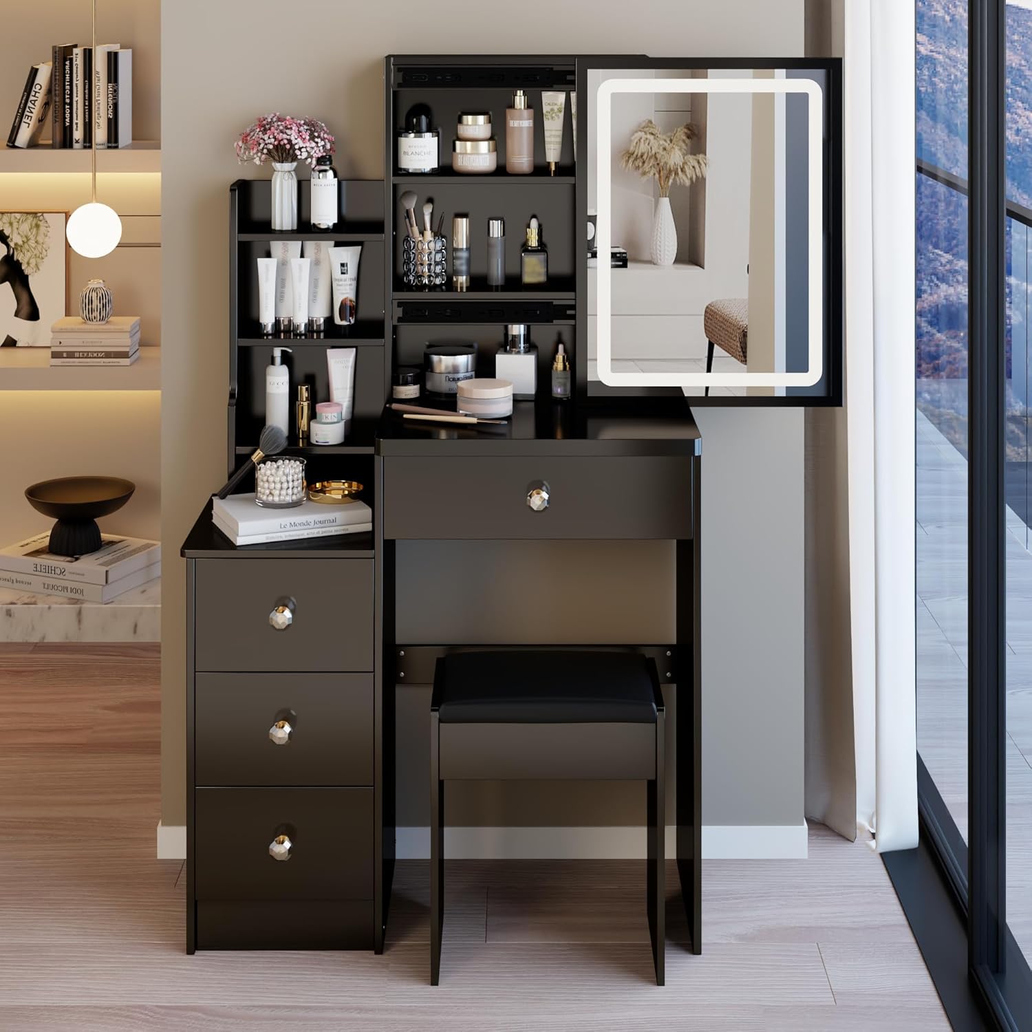 29.2" Small Vanity Desk with Mirror and Lights, Makeup Table with Led Lights and Sliding Mirror, 3 Lighting Colors, Vanity Set with Drawers and Stool for Small Space and Bedroom, Black