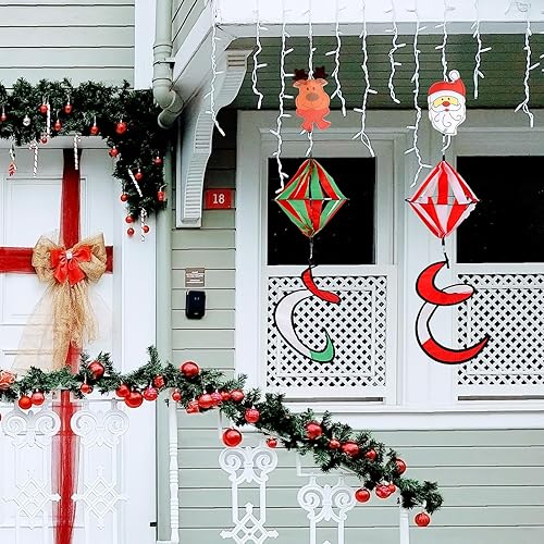 Miniatura 4 de Paquete de 2 molinos de viento rizados, diseño de Papá Noel, muñeco de nieve de Navidad de 40 pulgadas, decoración de molino de viento colgante con