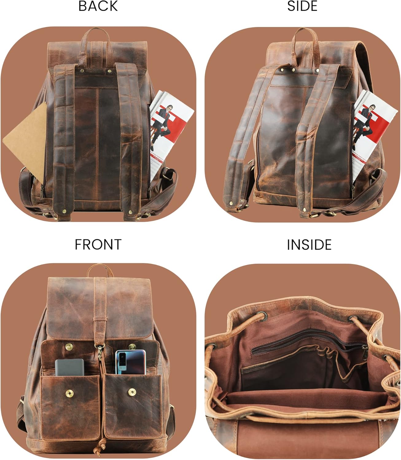 Handmade World Retro Buffalo Hunter Leather Rucksack 17 Inch Laptop Backpack Trailblaze Expedition Travel knapsack College Book Hiking Bag - Image 4