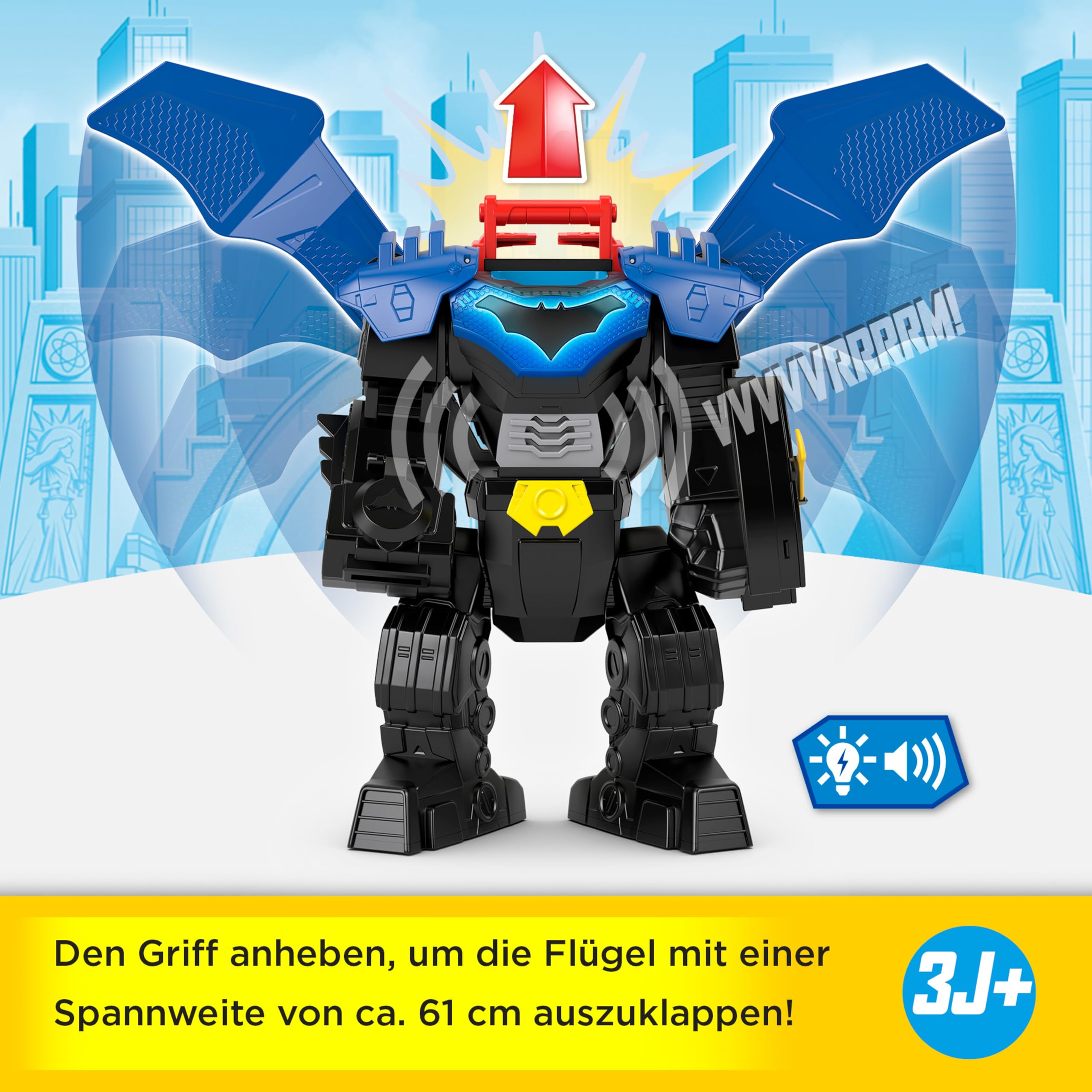 Imaginext DC Super Friends Batman Flug-Mech | Spielzeug mit Licht, Sound, Bewegung & 7,5 cm Figur, 36,8 cm Spielzeug mit Werfer & Discs, JDL03