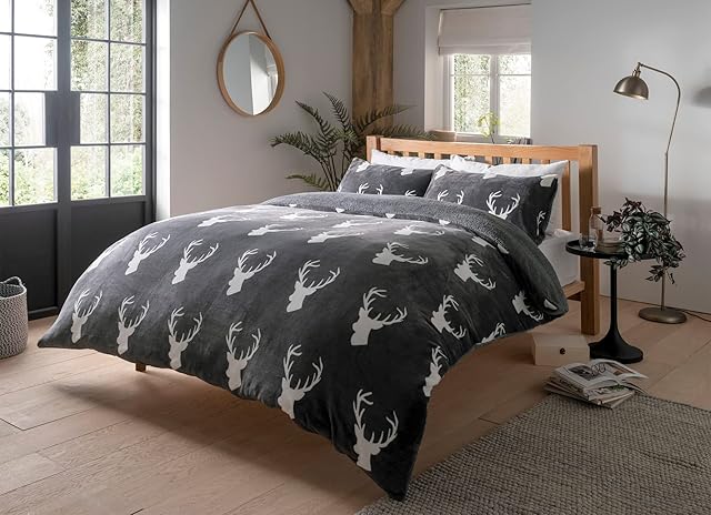 Olivia Rocco Teddy Fleece Duvet Cover Set Printed Super Soft Quilt Sets Check Stars Stag Design Warm Winter Bedding With Sherpa Reverse, Double Stag Grey