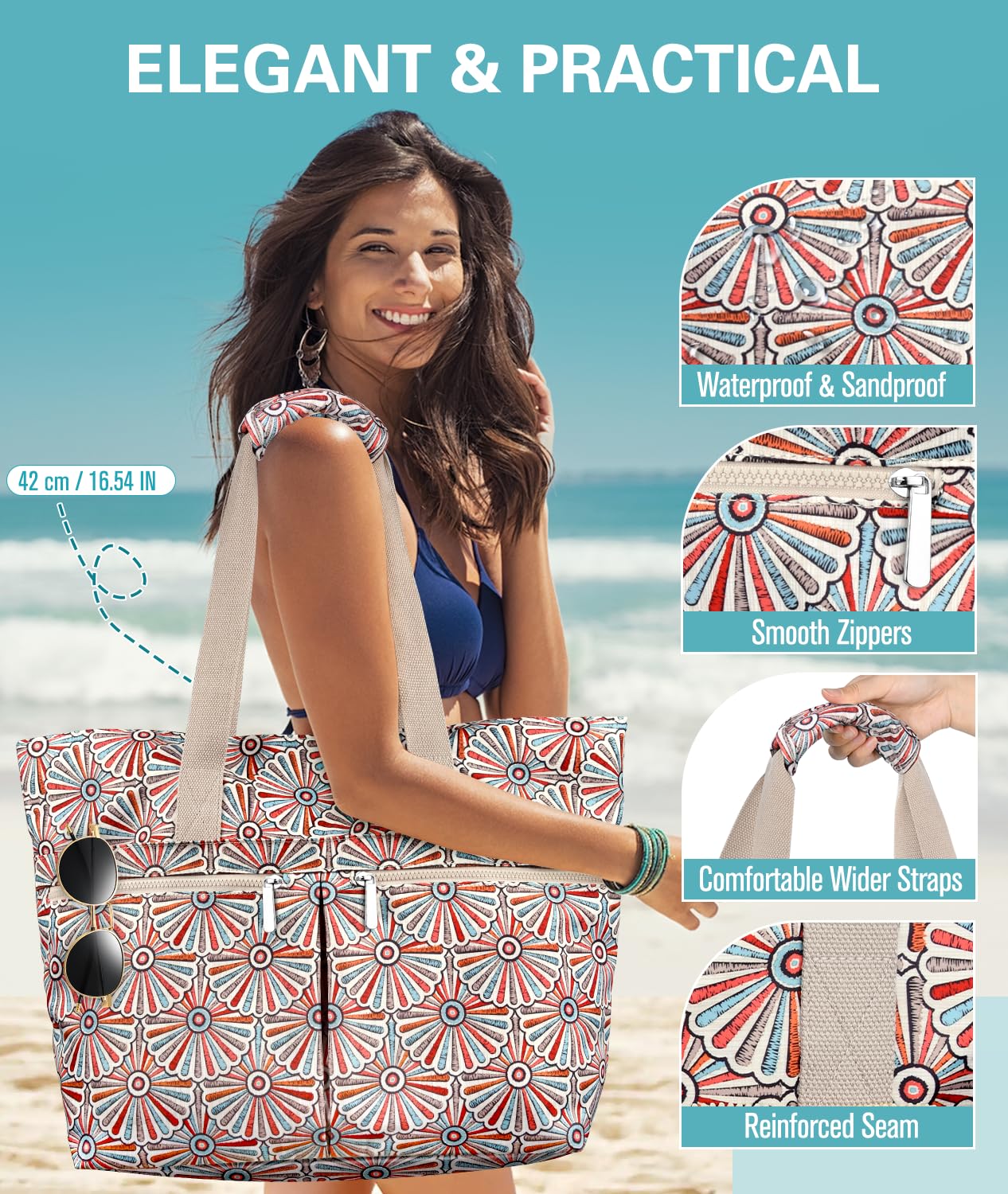 Strandtasche Damen mit Reissverschluss, Strandtasche Familie XXL Groß Shopper Tasche Beach Tote Bag Reisetasche Wasserdicht Badetasche mit Nassfach für Einkaufen Fitness Reisen
