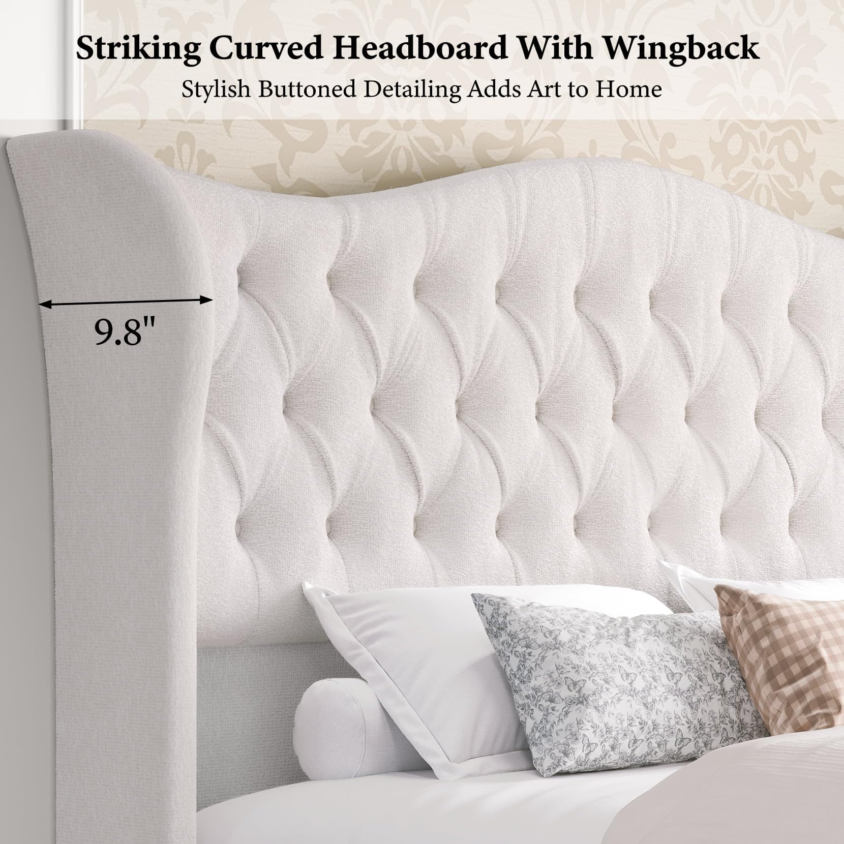 koorlian Queen Size Bed Frame-Chenille Upholstered Platform Sleigh Bed-51 Scroll Wingback Tall Headboard & Footboard/Deep Button Tufted/Easily Assemble/Wood Slats Support/No Box Spring Required/Cream: Cream Chenille King