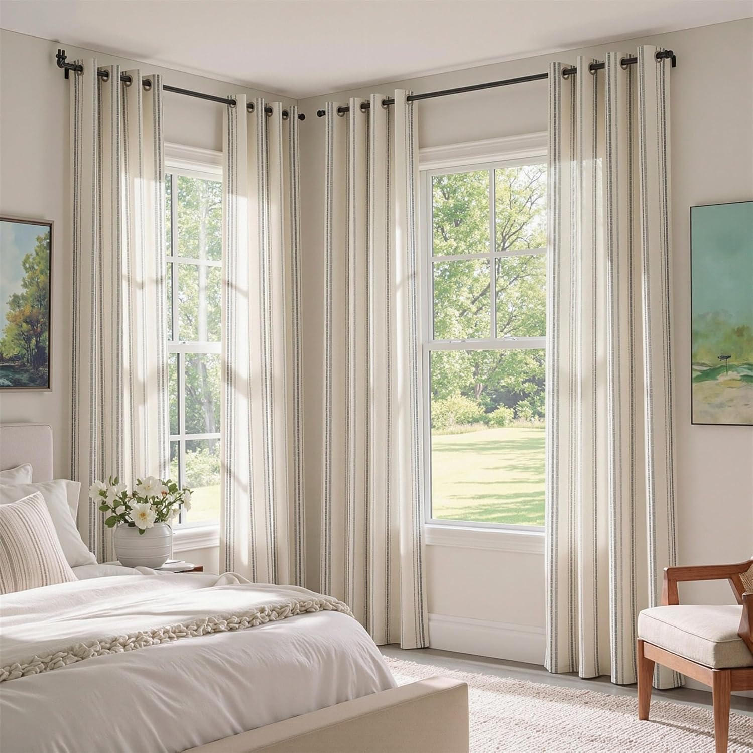 MYSKY HOME Grey Striped Linen Curtains 84 Inches Long Farmhouse Rustic for Bedroom Living Room Light Filtering Ticking Stripe Pinstripe Gray and White Patterned Drapes, Grommet, 2 Panels, 52" Wide