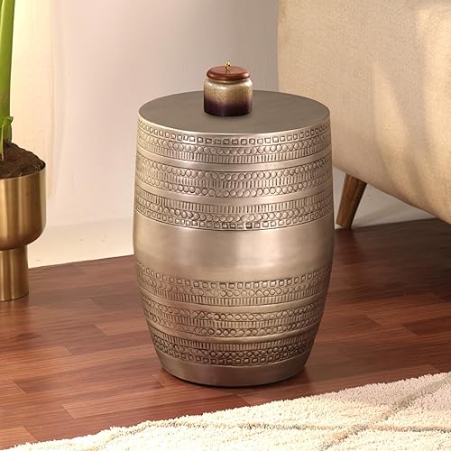 Moderna mesa auxiliar redonda de aluminio martillado en relieve de metal, hierro estampado a mano, mesa auxiliar bohemia con forma de tambor, para