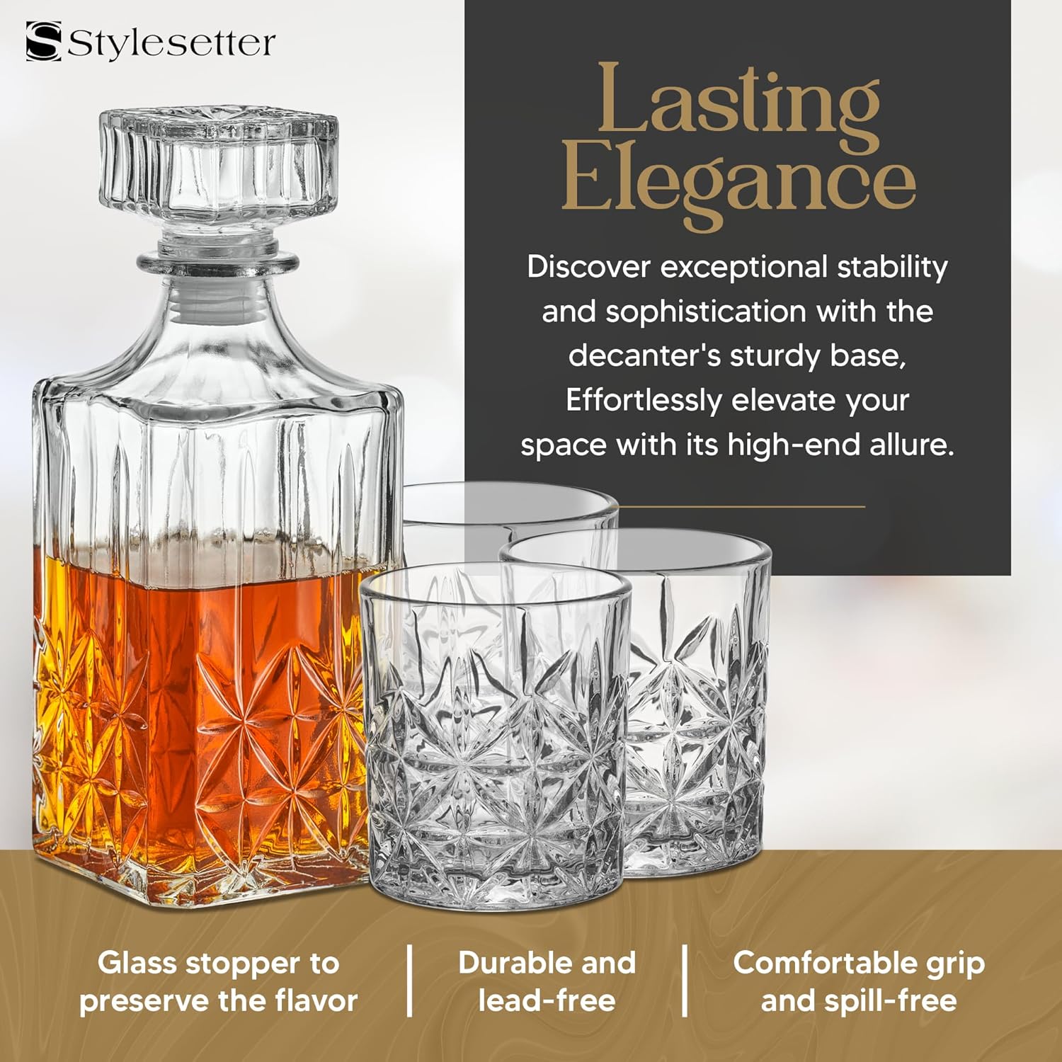 Style Setter Whiskey Decanter Set with Glasses - Prestigious Whiskey Set with 25oz Liquor Decanter and 6 Glasses - Upscale Whisky Decanter & Glass Set - Birthday Gifts Fathers Day