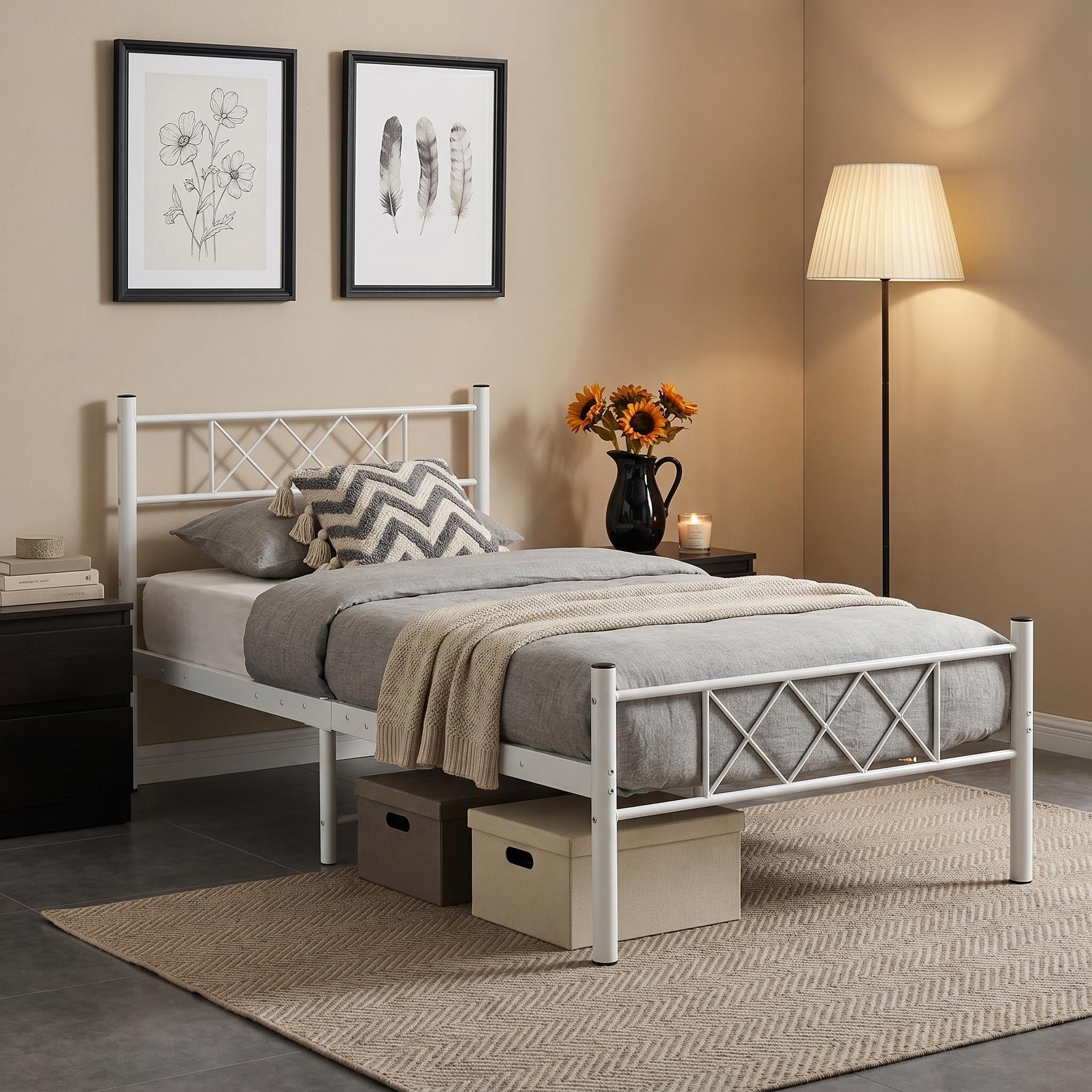Panana 2COLORS,3FT Metal Single Solid Base Bed Frame Stylish Durable Bedroom Furniture (White, 3FT)