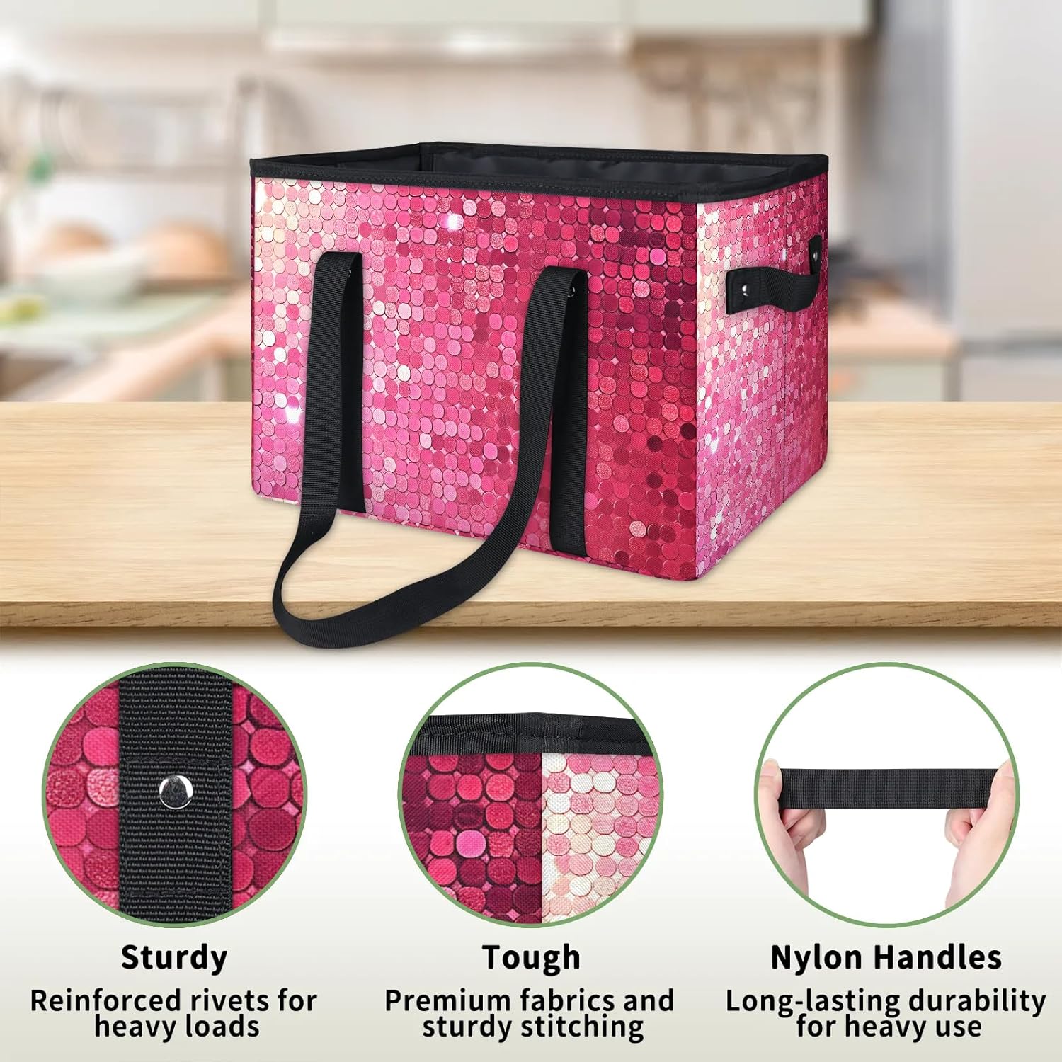 Checkered Plaid Reusable Grocery Bags Foldable Shopping Bags Storage Bins Basket Large Grocery Tote Bag Foldable Shopping Bag with Reinforced Bottom & Handles for Clothes Shoes Picnic, 3pcs