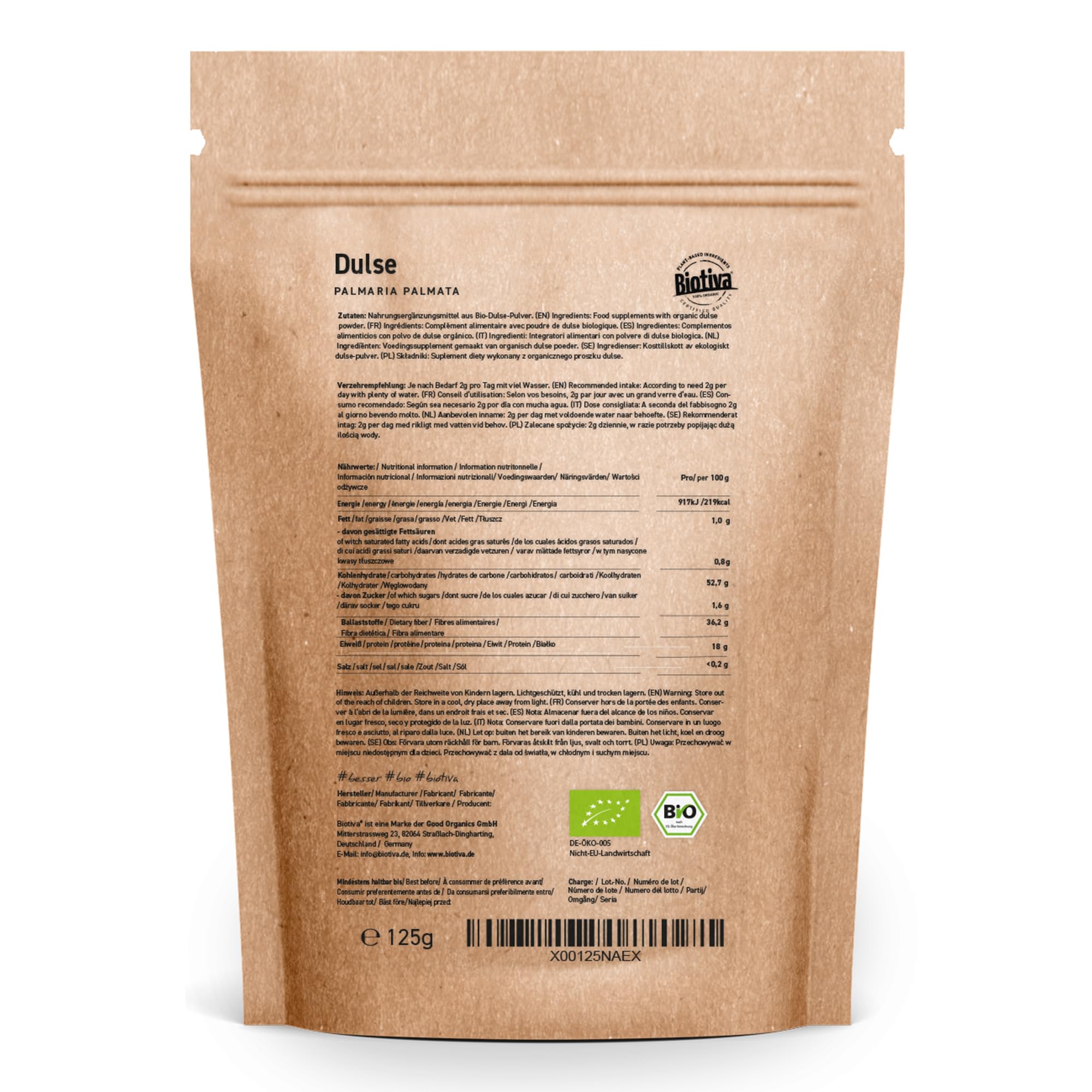 Biotiva Dulse en polvo - Alga Roja 250g (2x125g) - Superfood 100% orgánica sin aditivos