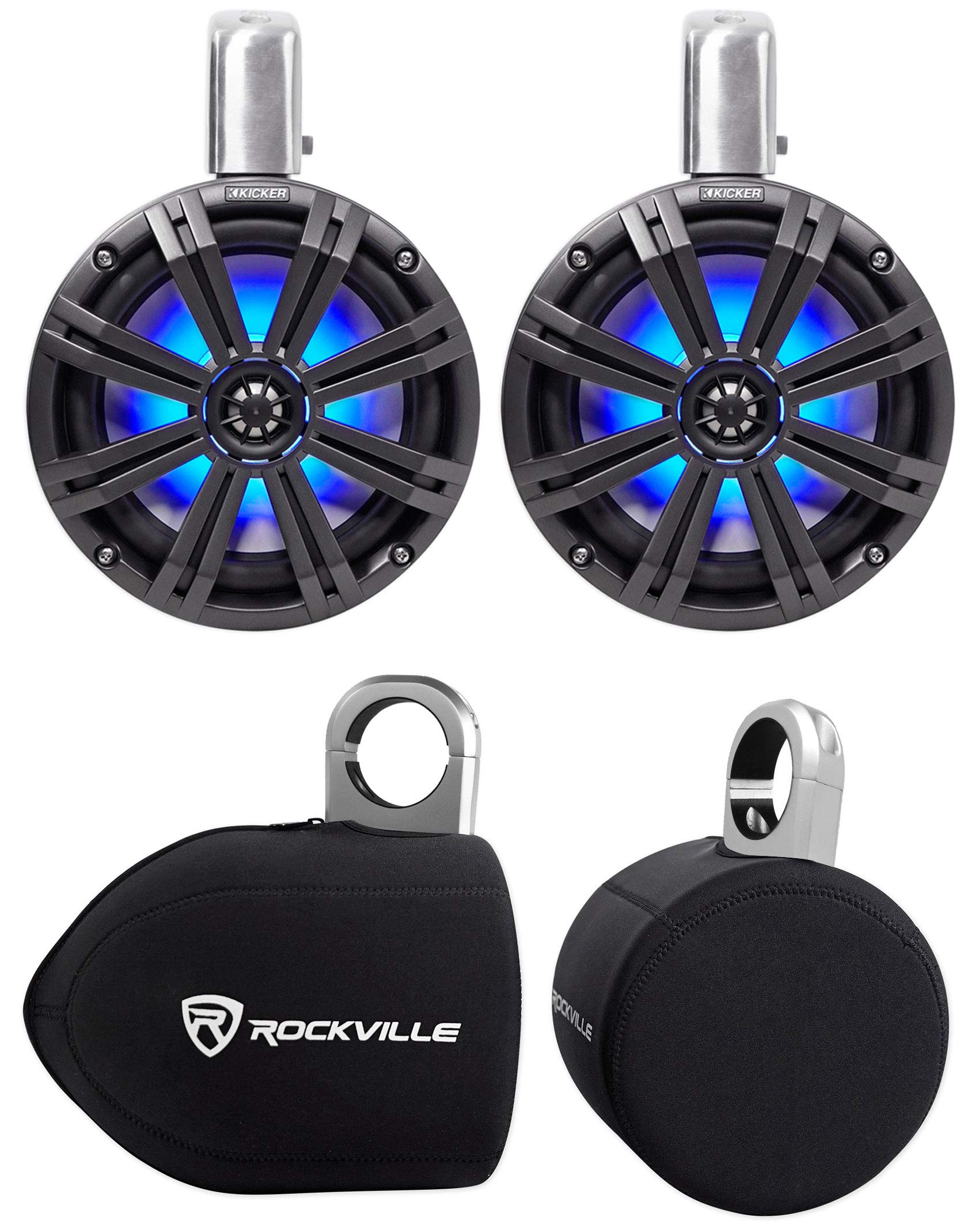 KICKER 2 45KMTC8 8" 600w Marine Wakeboard Tower Speakers w/LED's+Covers KMTC8