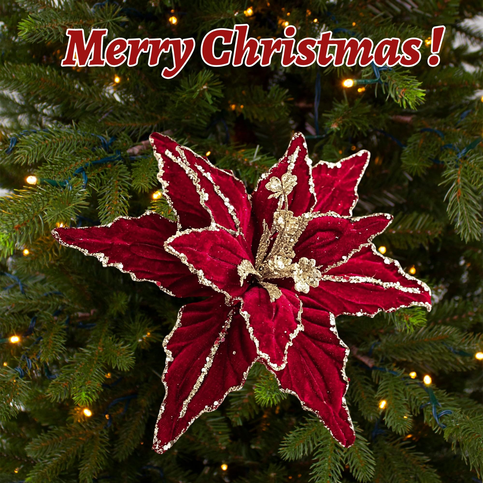 WANDIC 8X künstliche Weihnachtsblumen – Poinsettia 28cm | 8 künstliche Weihnachtsstern-Blumen mit Glitzer (28cm). Ideal als Baumschmuck, Kranzdeko oder Tischdekoration.