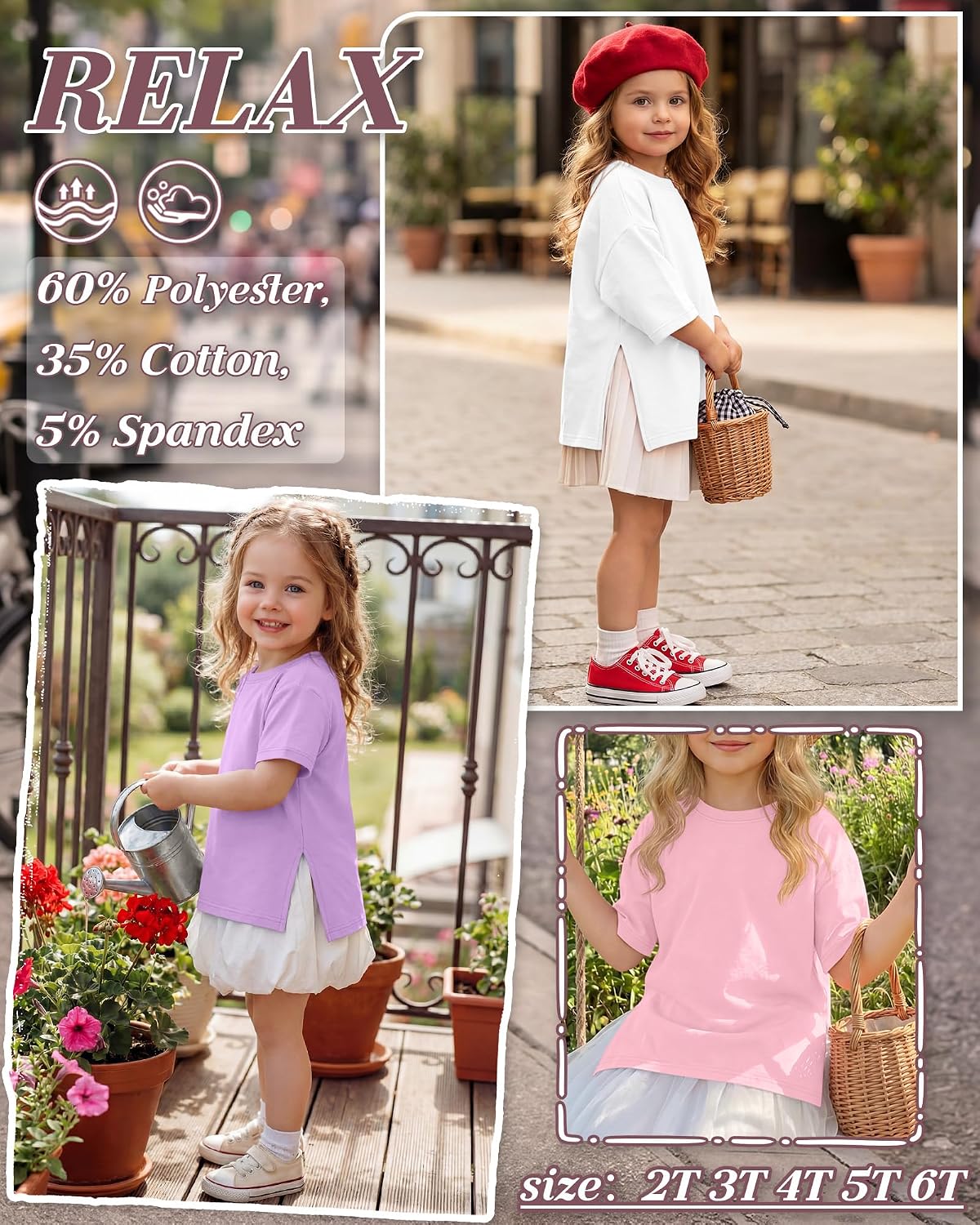 3 Pack Toddler Girls' Oversized Shirts Short Sleeve Crew Neck Tops Side Slit Summer Tees Loose Casual Basic T Shirt