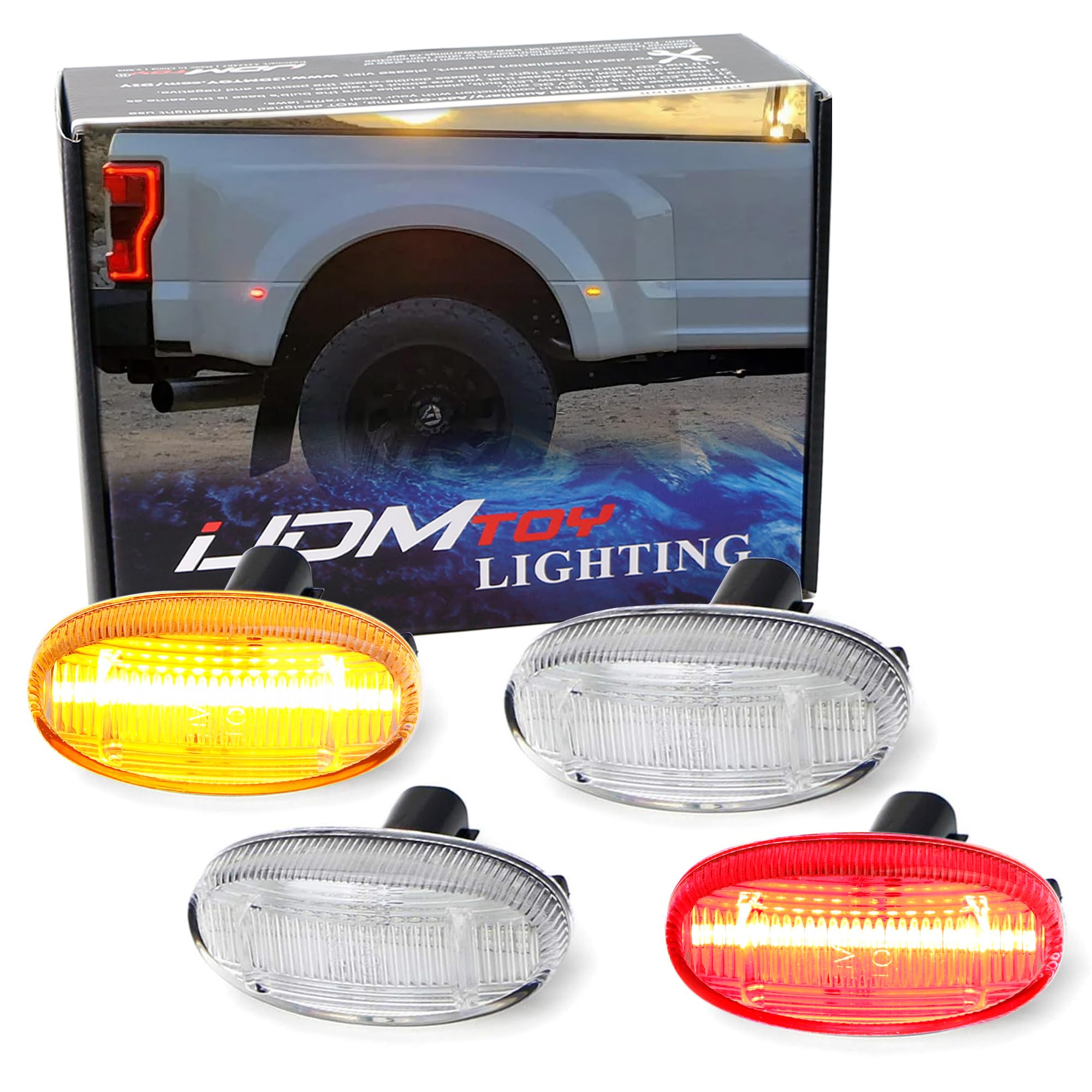 iJDMTOY Clear Lens Amber/Red Full LED Trunk Bed Marker Lights Set Compatible With 2011-up Ford F250-F550 Super Duty Truck Double Wheel Side Fenders, Powered by Total 48 LED