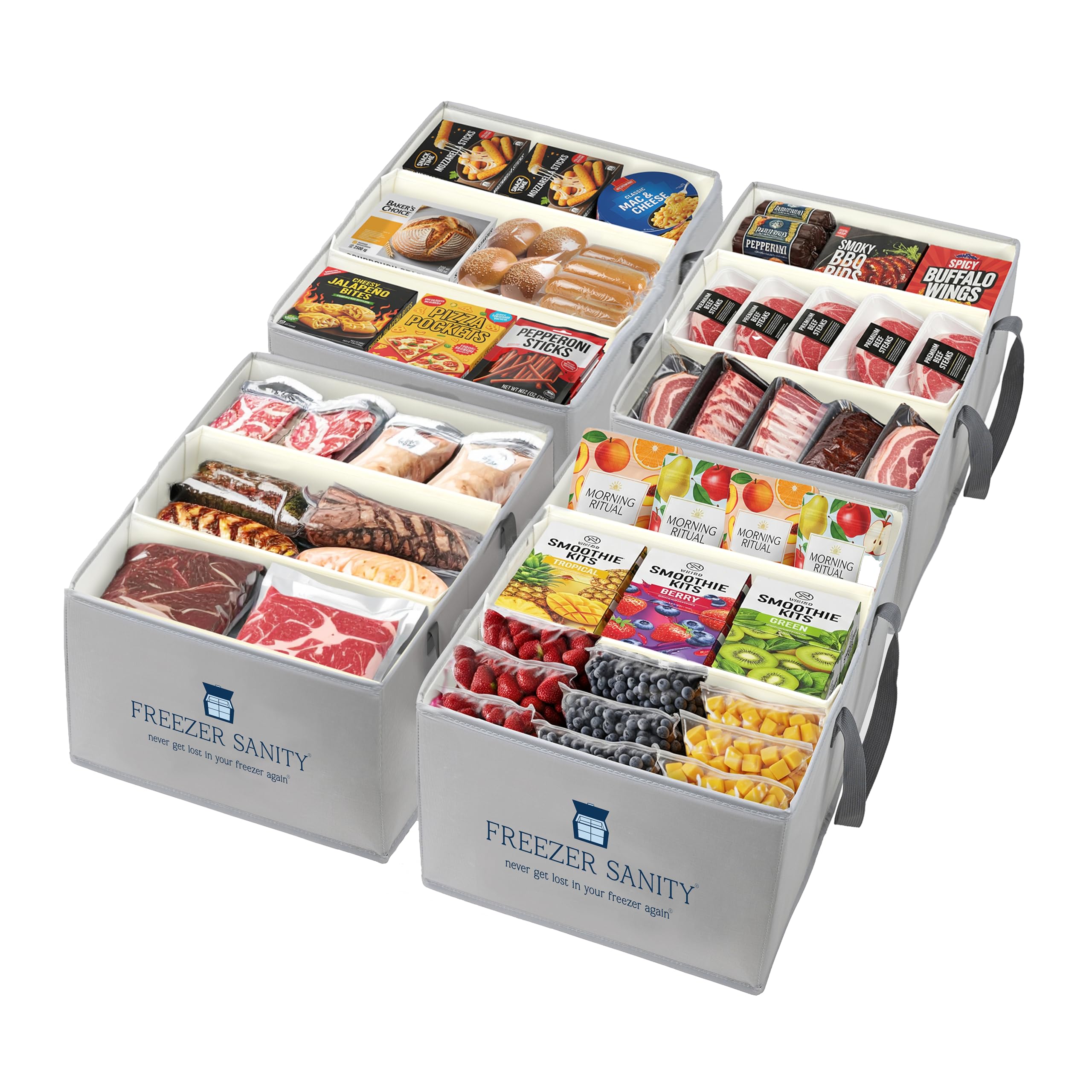 FREEZER SANITY The Original Chest Freezer Organizer Bins, Stackable Storage Organizers, Deep Freezer Dividers, Handles, Heavy-Duty, Water-Proo (4 Pack Large 19x14x9) — image 1