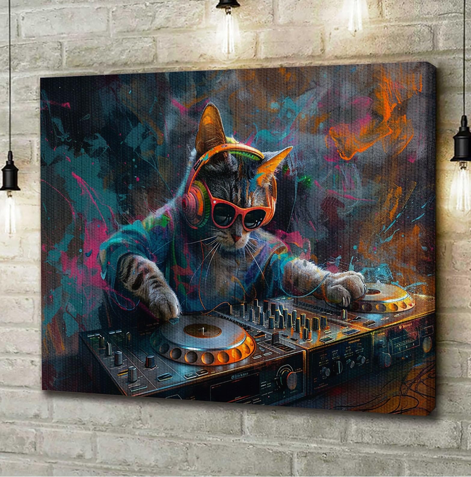 Amazon.com: DINHVBIEN9322 Canvas Print Wall Art- Cat Play DJ in