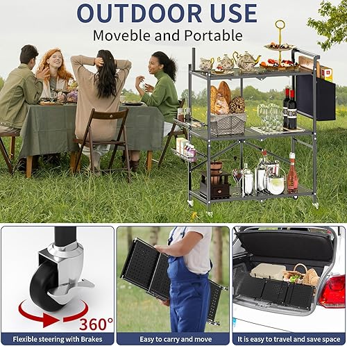 Miniatura 5 de Carrito plegable para parrilla al aire libre con 3 niveles, mesa de parrilla con 2 ruedas de bloqueo, carrito de barbacoa multifuncional, mesa