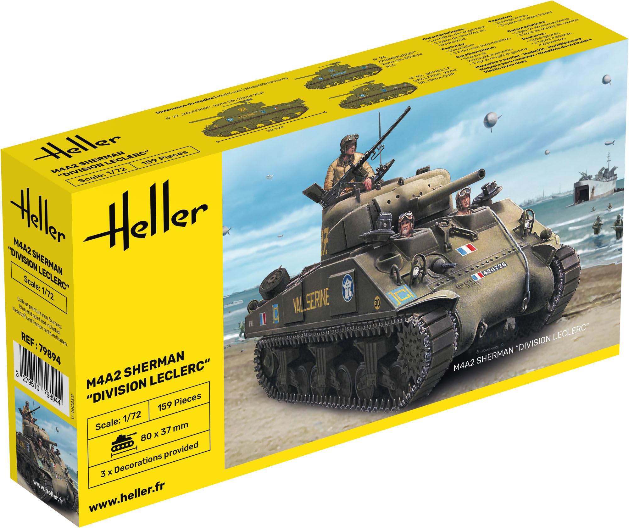 Heller 79894 1:72 Scale M4A2 Sherman Division Leclerc Model, 8 x 3.7 x 4.3 centimetres