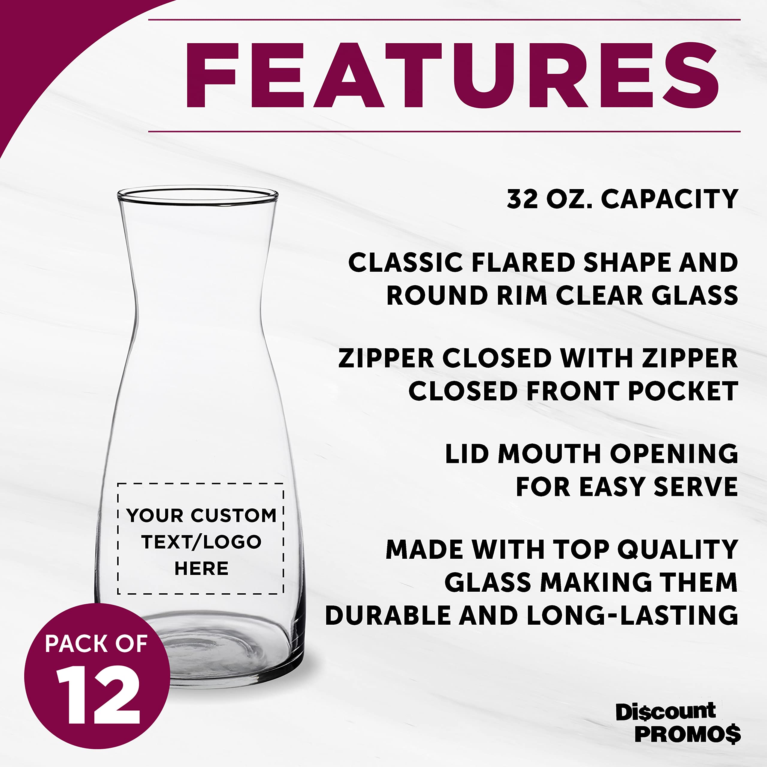 Custom Glass Decanter Torino 32 oz. Set of 12, Personalized Bulk Pack - Perfect for Wine, Cocktail or Simply as Kitchen Counter Flower Vase - Clear