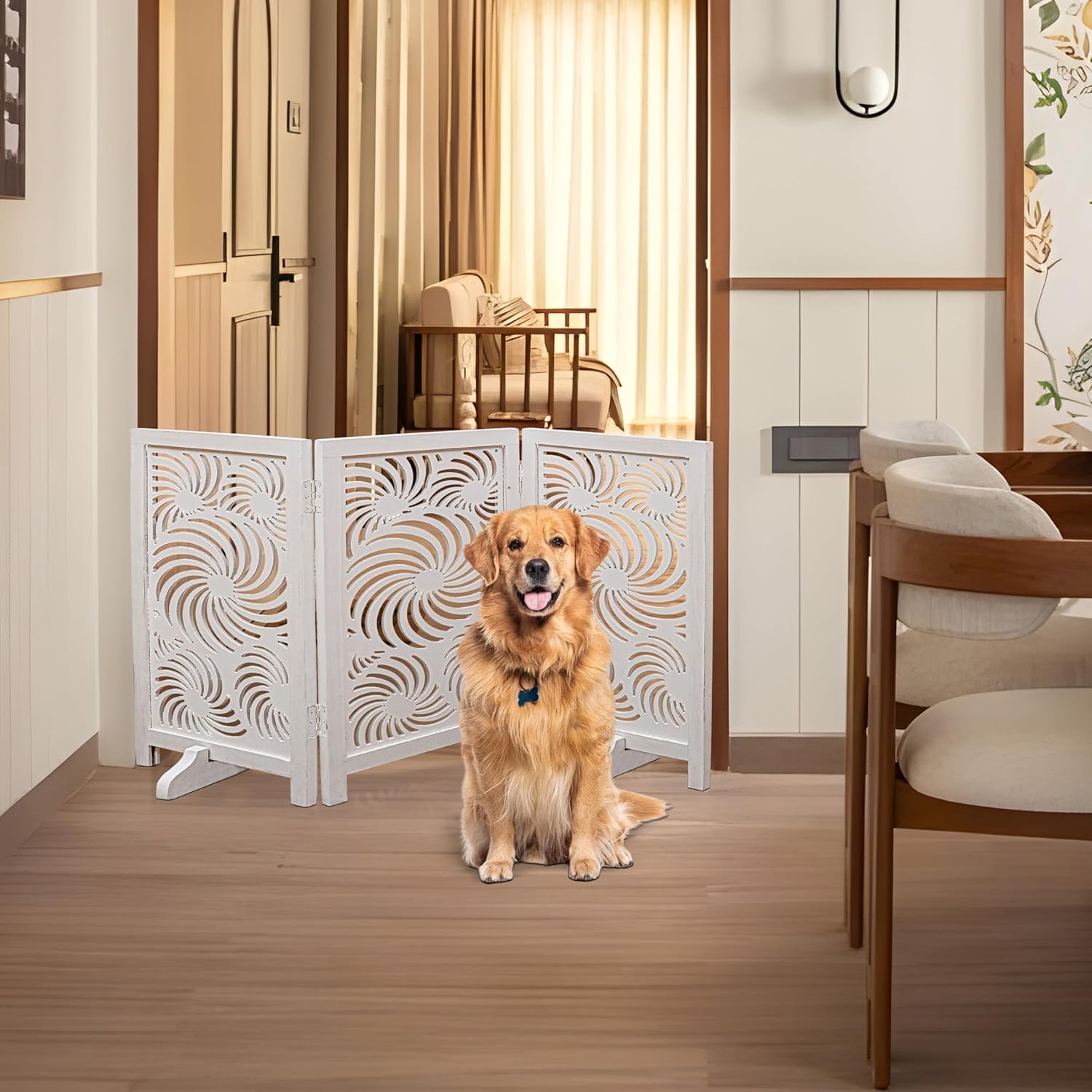 Freestanding Pet Gate for Dogs, Foldable Wooden Dog Gate for House, Indoor Dog Gate for Stair, Doorway,Sun Flower Design Gates for Dogs Indoor, 48 Inch Wide, (16" x3 Panels =48 inch),White Antique