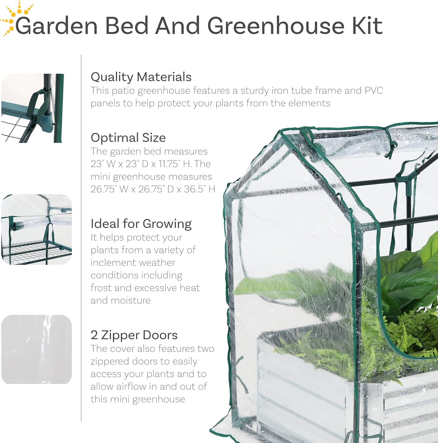 Sunnydaze Steel Raised Garden Bed with Mini Greenhouse - Outdoor Greenhouse Kit - 2 Zippered Doors - Clear - 2' x 2'