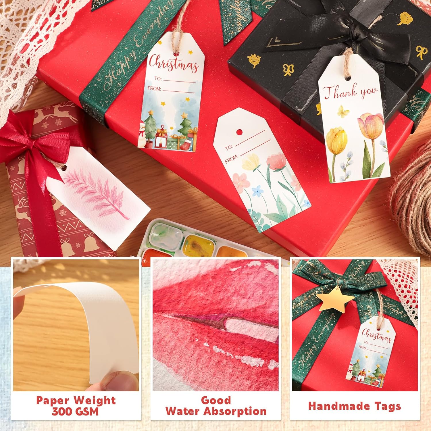 120 Pcs Watercolor Tags with Attached String, Blank Gift Tags Handmade Tags 140 lb/300 GSM Watercolor Paper Cards for Paint, DIY Crafts, Holiday, Wedding(3.75 x 1.75 inch) - Image 3