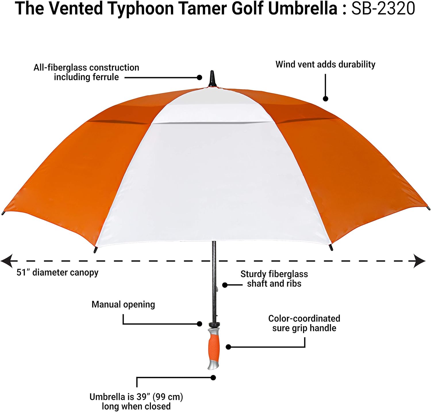 STROMBERGBRAND UMBRELLAS Vented Typhoon Tamer 62" Windproof Waterproof PGA Professional Quality Ultimate Portable Golfers Golf Umbrella for Men and Women, Orange/White, One Size : Sports & Outdoors