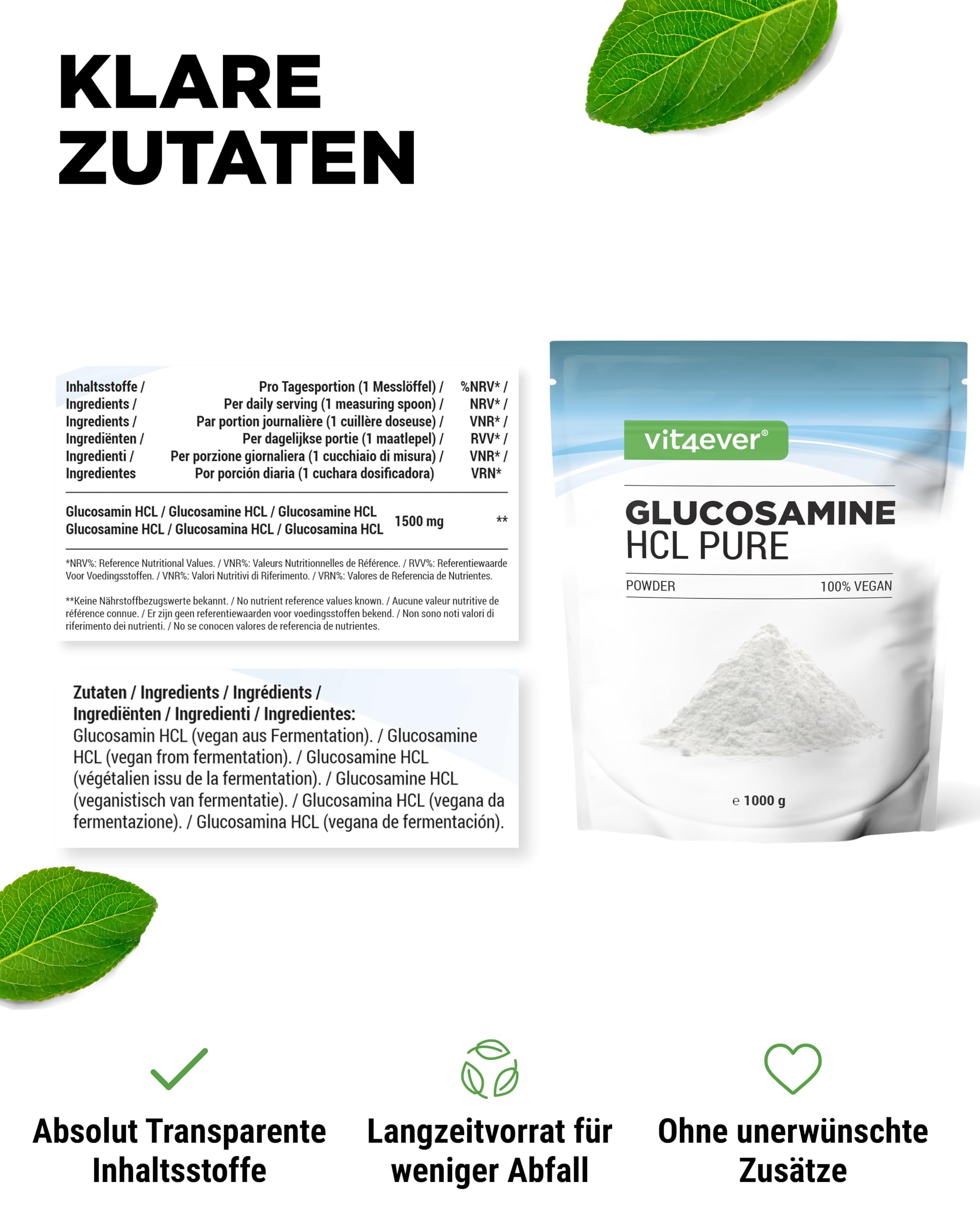 vit4ever Glucosamin HCL Pure - 1000 g - reines Pulver ohne Zusätze | pflanzliche Fermentation, laborgeprüft, vegan, hochdosiert